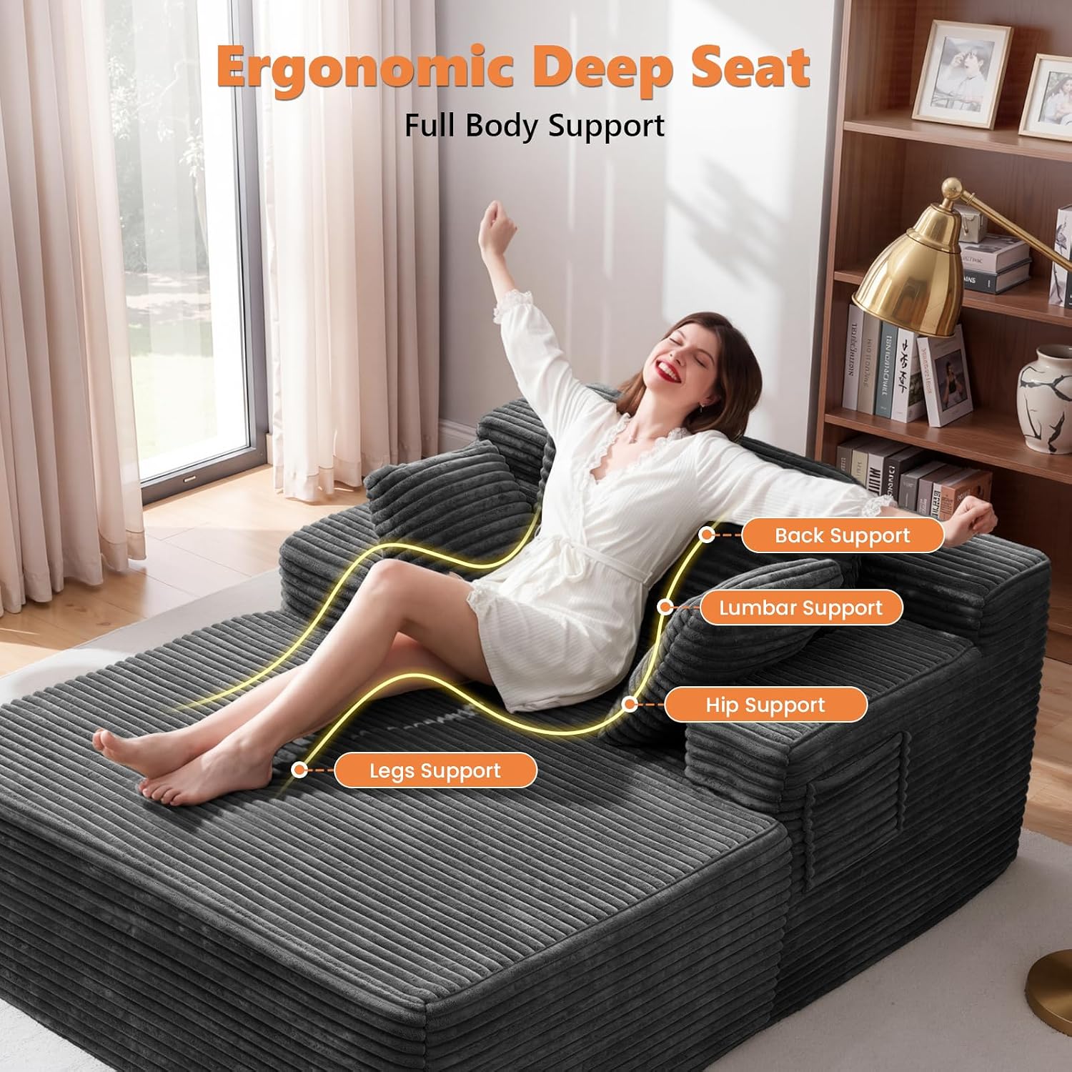 67' Oversized Chaise Lounge Chair Indoor with Double Side Pockets, Corduroy Deep Seat Couch, Boneless Couches for Living Room, No Assembly, Grey