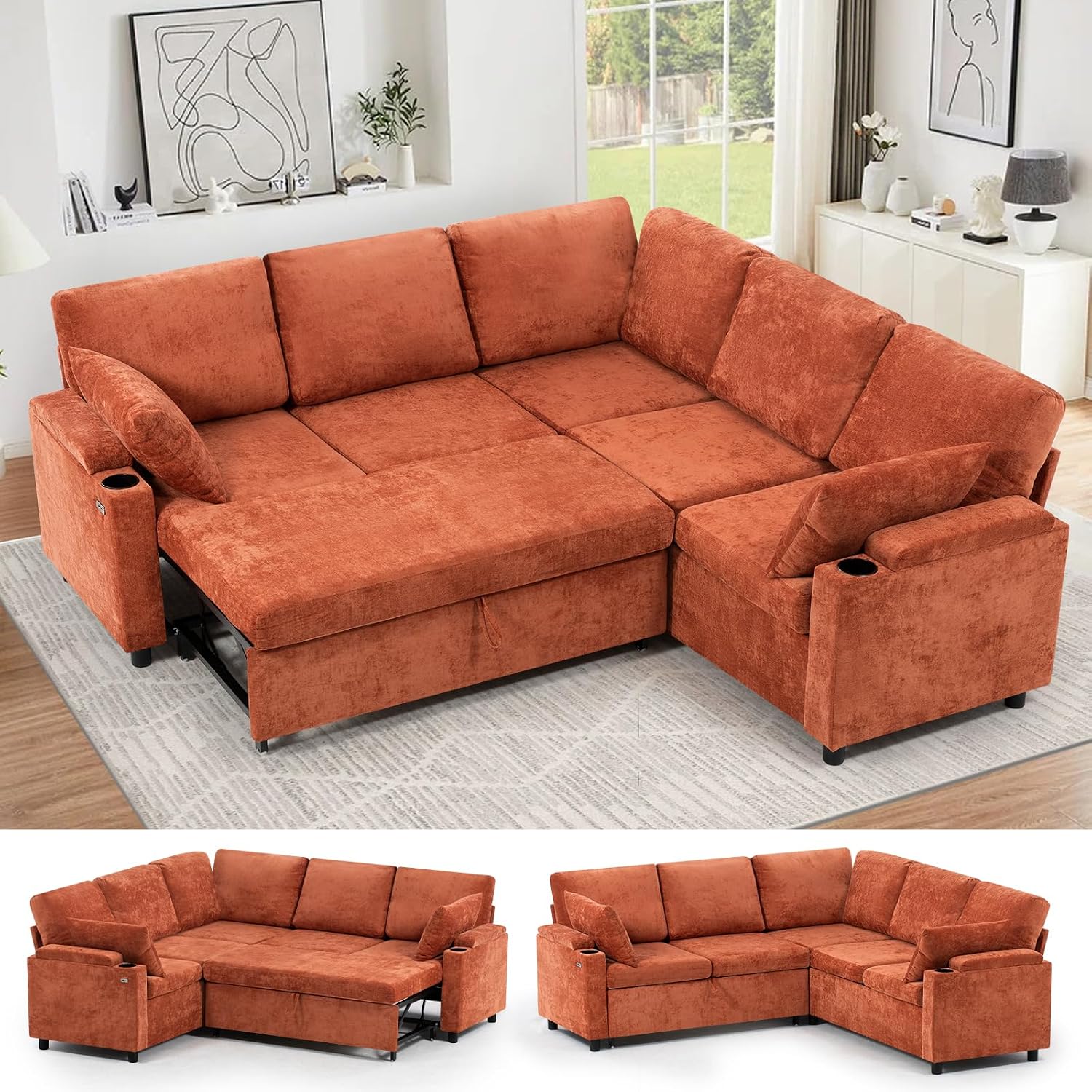 85' Chenille Reversible Sectional Sofa w/Pull-Out Bed, Upholstery L Shaped Couch w/Storage Armrests & Cup Holders, Modern Corner Sofa w/USB Charging Port & Throw Pillow for Living Room, Orange
