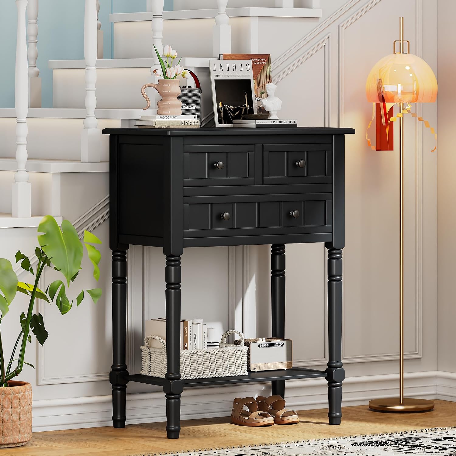 Merax Narrow Console Table, Elegant Slim Entryway Table Sofa Table with Three Storage Drawers and Bottom Shelf for Entryway for Hallway, and Living Room (Black)