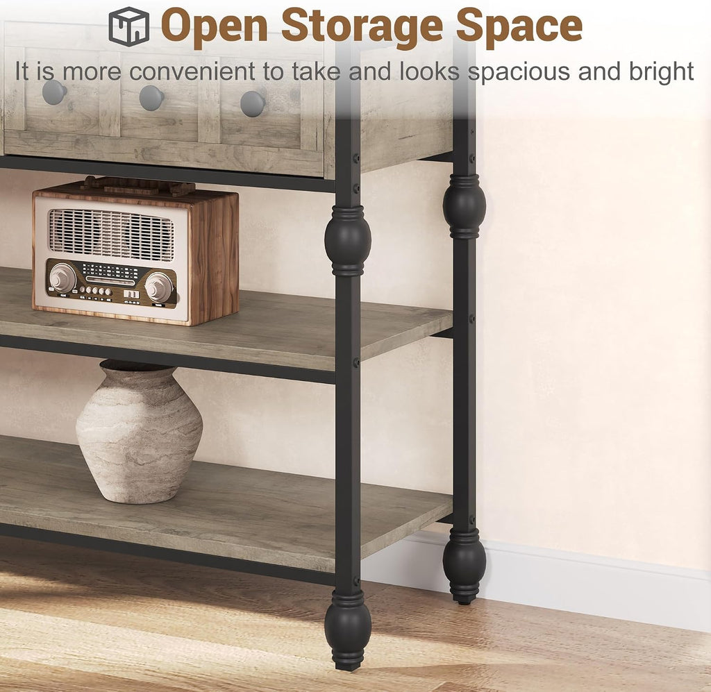 Garvee Console Sofa Table 53 in, Entryway Table with 3 Drawers, 3 Tier Metal Sofa Table, Open Shelf Behind Couch Table for Hallway, Living Room, Roman Column Design, Grey