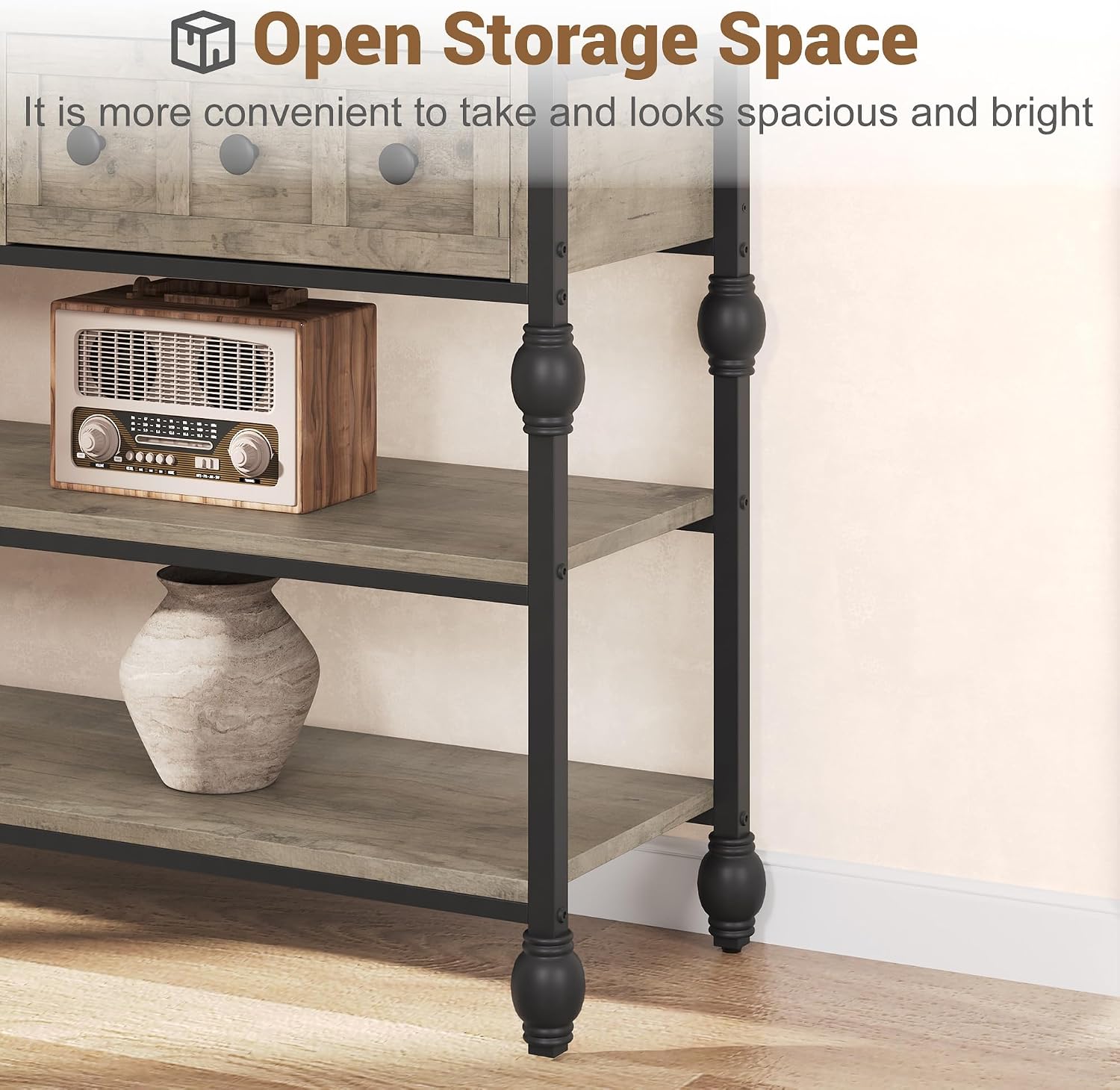 Garvee Console Sofa Table 53 in, Entryway Table with 3 Drawers, 3 Tier Metal Sofa Table, Open Shelf Behind Couch Table for Hallway, Living Room, Roman Column Design, Grey