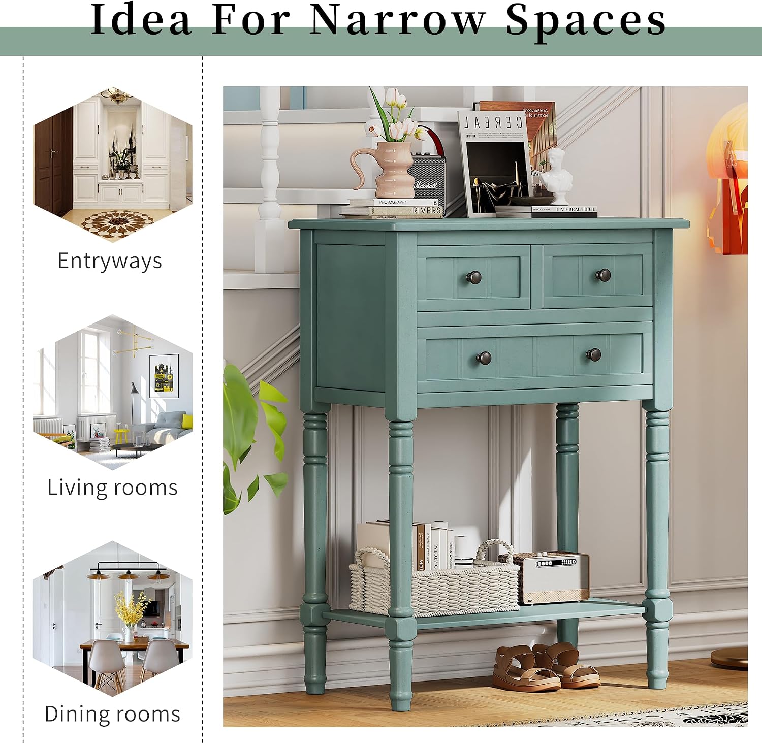 Merax Narrow Console Table, Elegant Slim Sofa Table With Three Storage Drawers and Bottom Shelf for Entryway, Hallway, and Living Room (Light Blue)