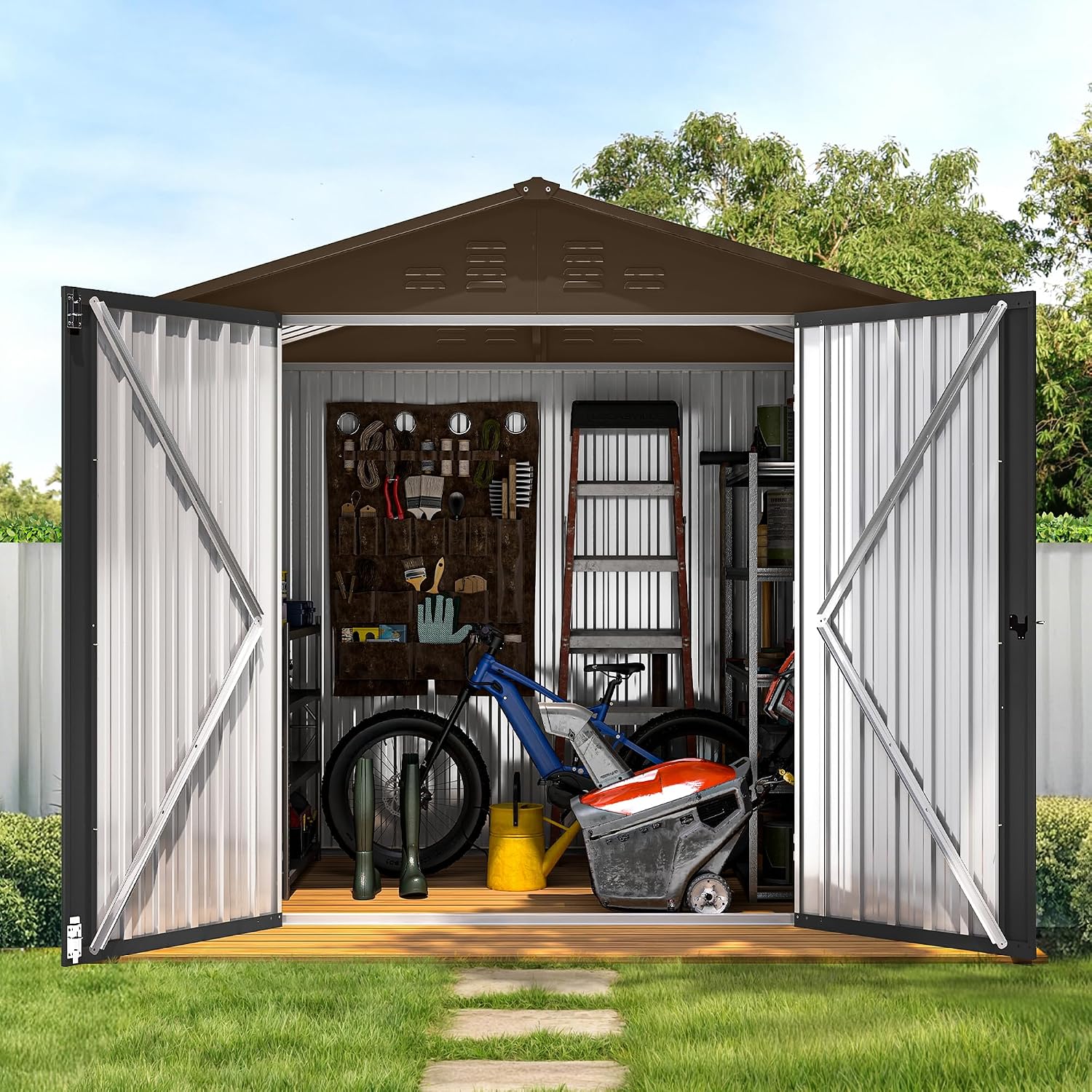 GOOBED 6x4FT Garden Storage Shed with Lockable Door and Vents, Metal Outdoor Tool Shed for Patio Lawn, and Backyard, Ideal for Storing Bikes, Trash Bins, Tools and Equipment, Brown