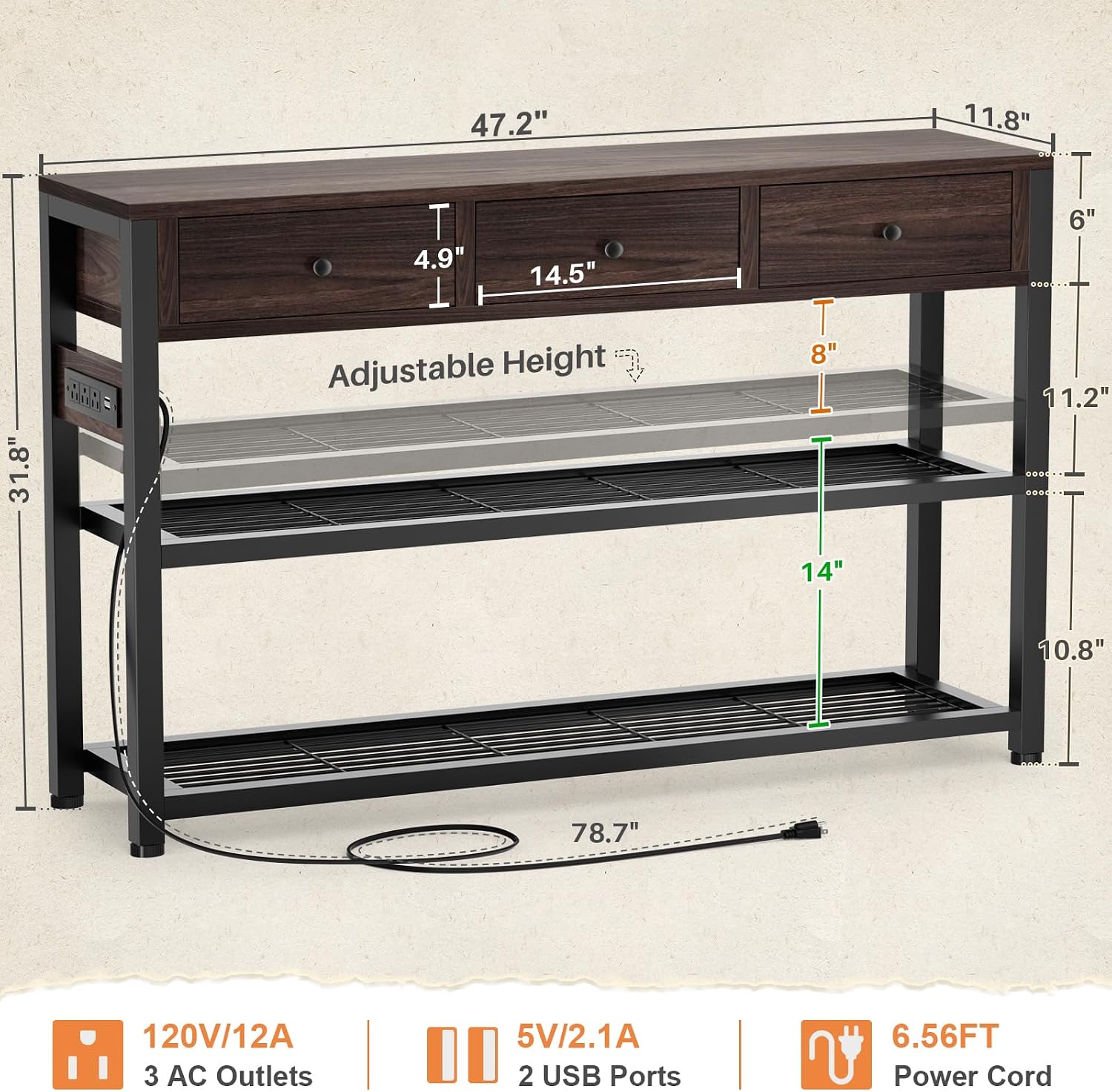 Ecoprsio 47'' Entryway Table with Outlets and USB Ports, Console Table with 3 Drawers, Sofa Table Narrow Long with Storage Shelves for Living Room, Couch, Hallway, Foyer, Black Walnut Finish
