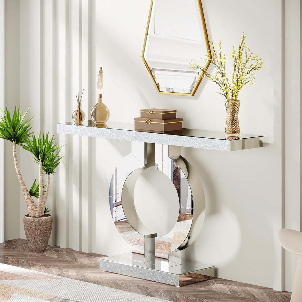 Tribesigns Modern Mirrored Console Table, Glass Sofa Table with Mirror Finish, 43-Inch Entryway Table with O-Shaped Base, Rectangular Accent Foyer Table for Living Room Hallway Entrance (Silver)