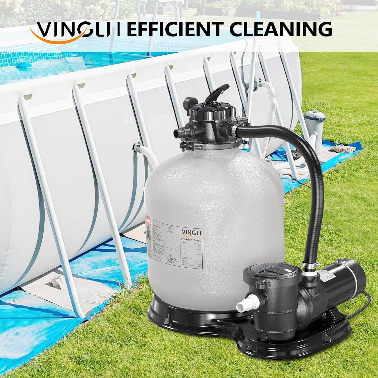 VINGLI Sand Pool Filter 24in Tank With A 1.5 HP Pump 115V Above Ground Pool Pump with Filter Basket,5400 GPH