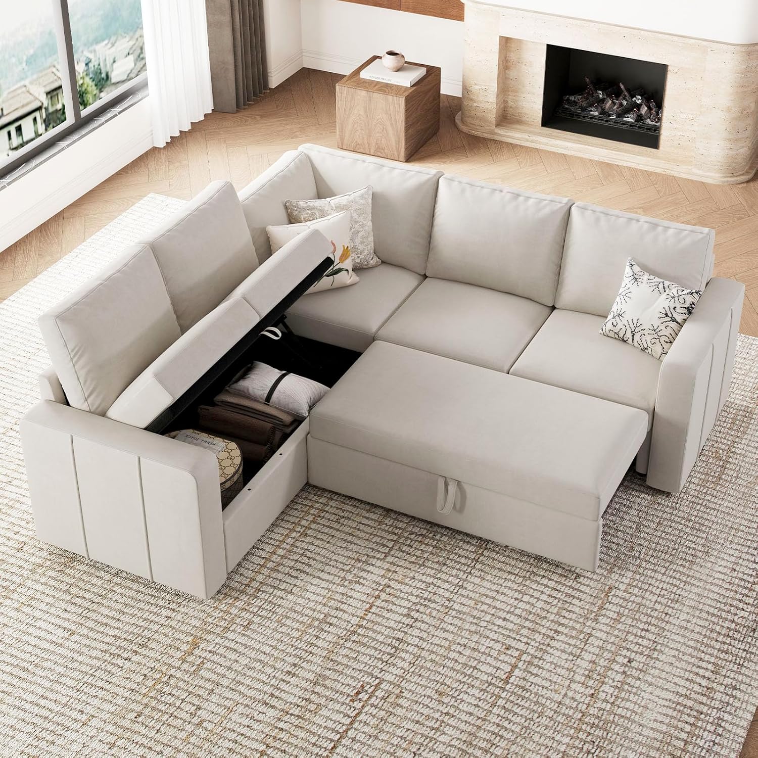 Belffin Modular Sectional Sleeper Sofa with Pull Out Couch, L Shaped Sleeper Pull Out Bed, Convertible Sectional Couches for Living Room, Beige