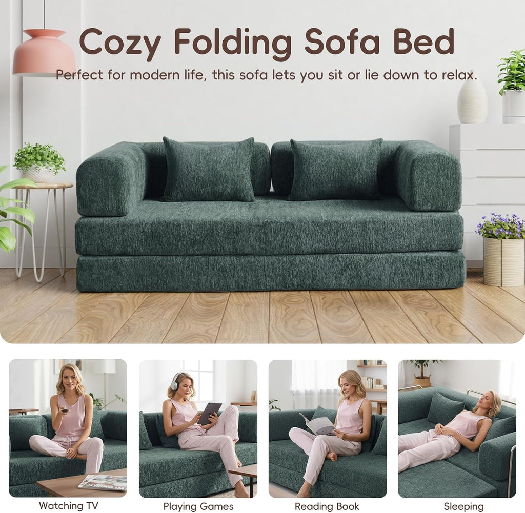 5-in-1 Convertible Folding Sofa Bed, 79' Queen Chenille Boneless Couch with Removable Armrests, No Assembly Loveseat Sleeper Sofa, Modular Futon Couch for Living Room & Bedroom (Emerald Green) | 5-in-1 Convertible