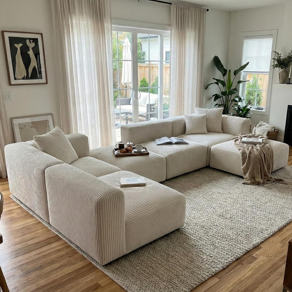 Acanva Convertible Modular Sectional Sofa with Movable Ottomans, Free Combination Corduroy Couch for Living Room Apartments, U-Shaped, White