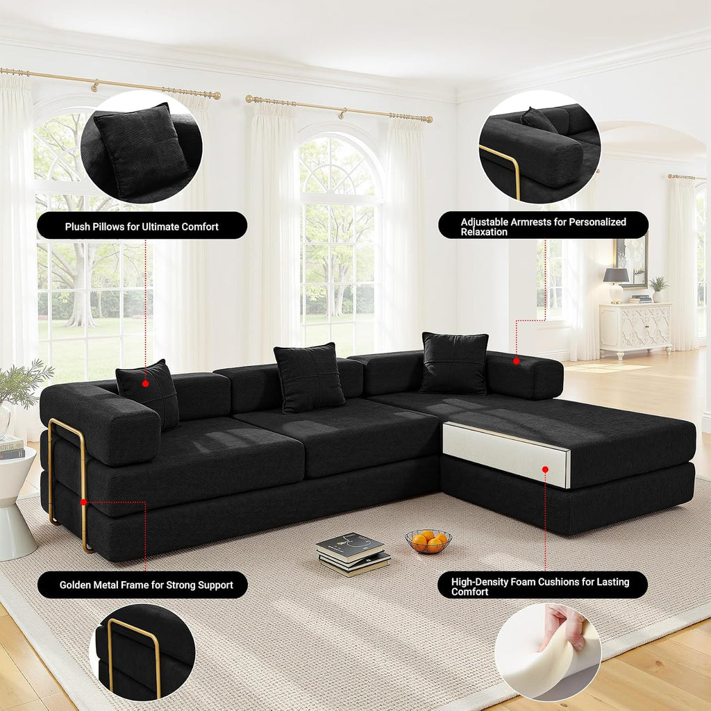 ivoros 108' Oversized Convertible Sleeper Sofa Bed, Corduroy L Shape Sectional Couch, Folding Sofa Bed with Fixed-Shape Frame, Modern Cloud Floor Mattress Couch, Modular Sofa for Living Room, Black