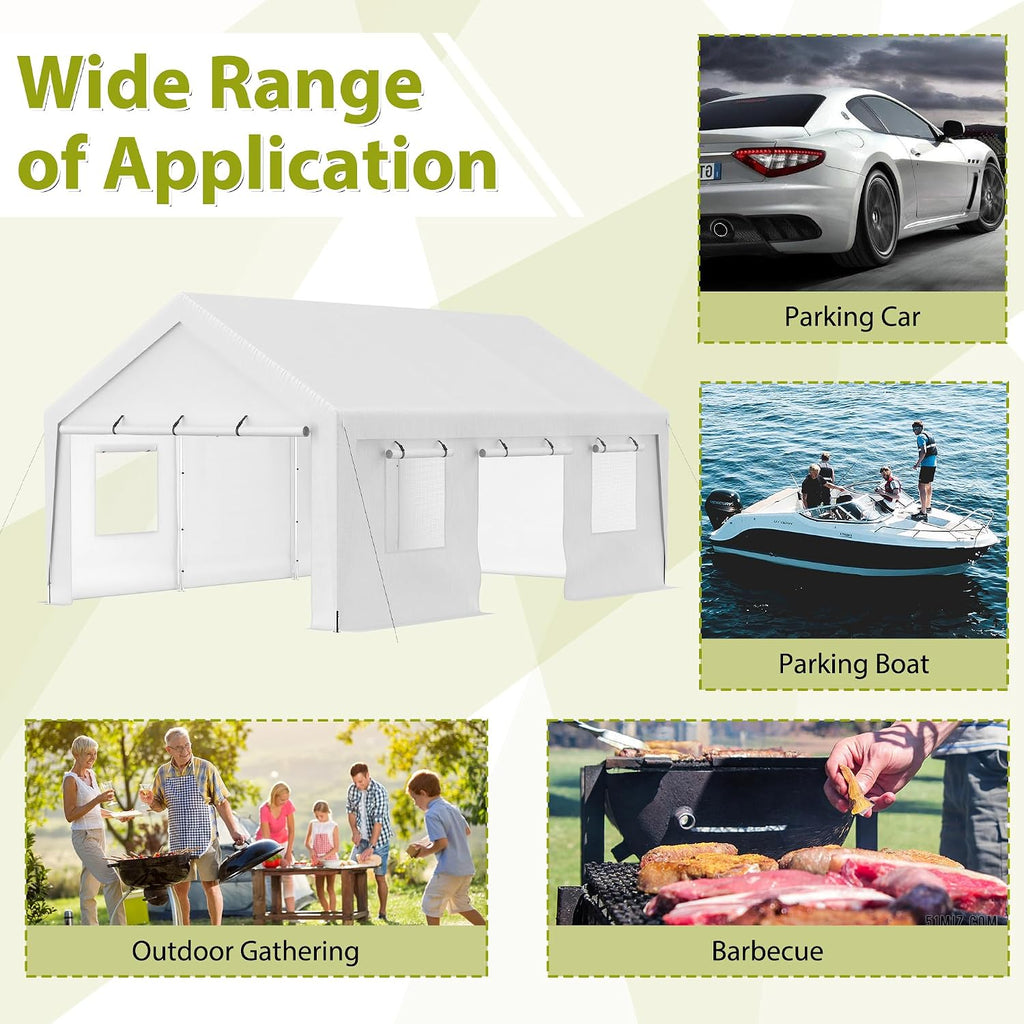 Aprilsoul Outdoor 13x20 FT Carport, Duty Canopy Storage Shed with Mesh Windows and Galvanized Steel Tube, All-Season Tarp, Wide Range of Appliaction for Car, Boat and Reunion, White