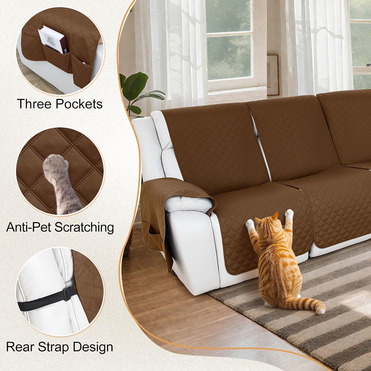 HDCAXKJ 100% Waterproof Reclining Sectional Couch Covers L Shape Recliner Sofa Cover Washable Quilted Soft Pet Dog Corner Recliner Slipcovers with Pockets (5 Seat and 2 Middle Console, Chocolate)