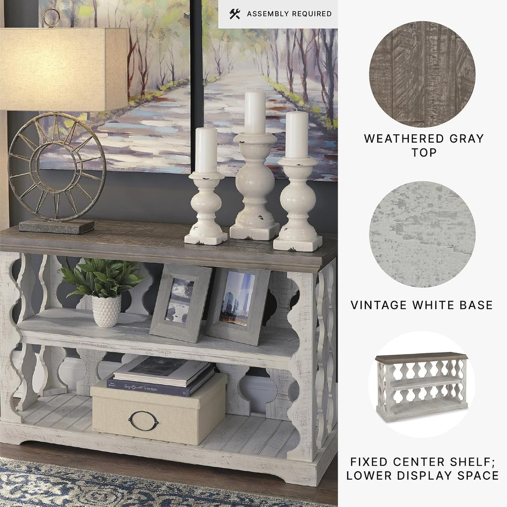 Signature Design by Ashley Havalance Farmhouse Console Sofa Table, Fixed Shelf, Pine Wood, 45.5' W x 17.25' D x 27.88' H, Distressed Finish, Gray & White