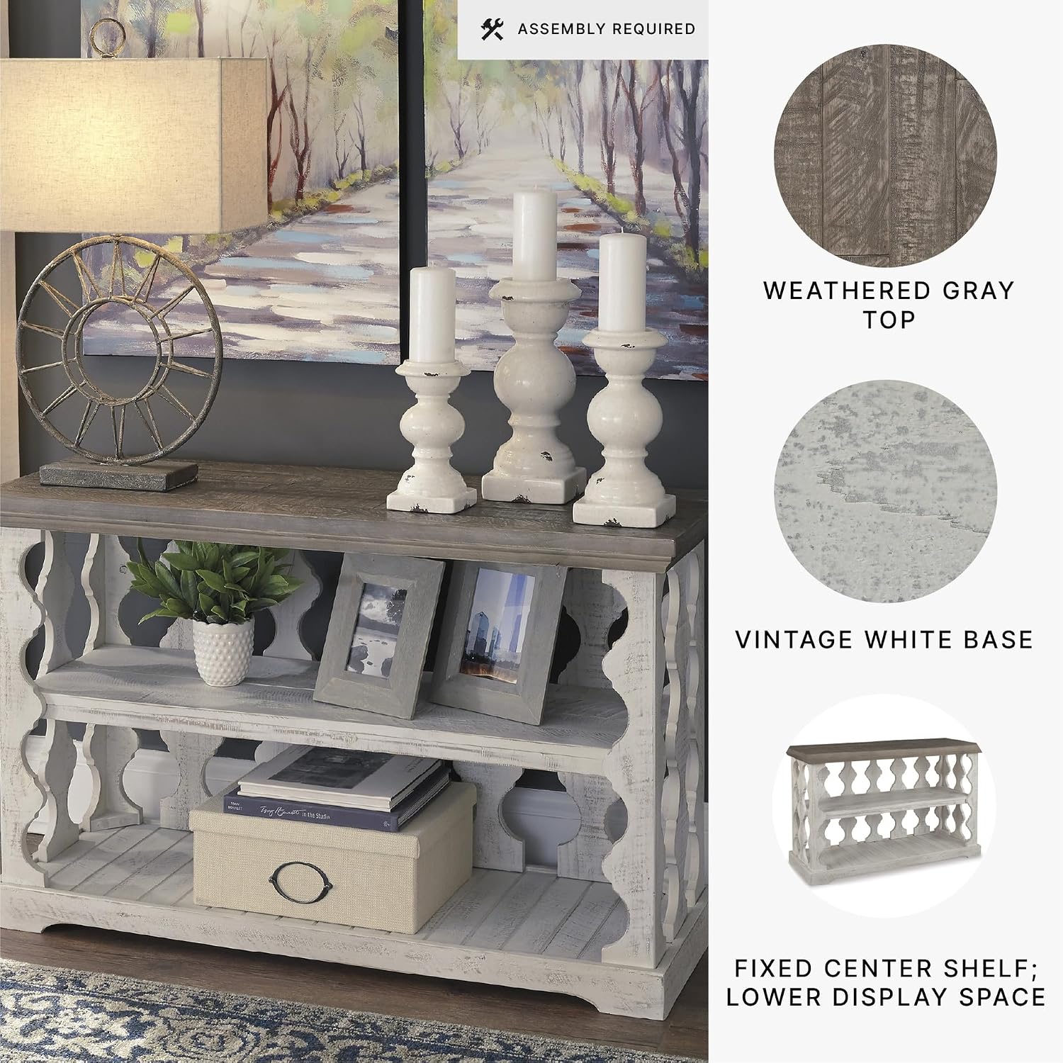 Signature Design by Ashley Havalance Farmhouse Console Sofa Table, Fixed Shelf, Pine Wood, 45.5' W x 17.25' D x 27.88' H, Distressed Finish, Gray & White