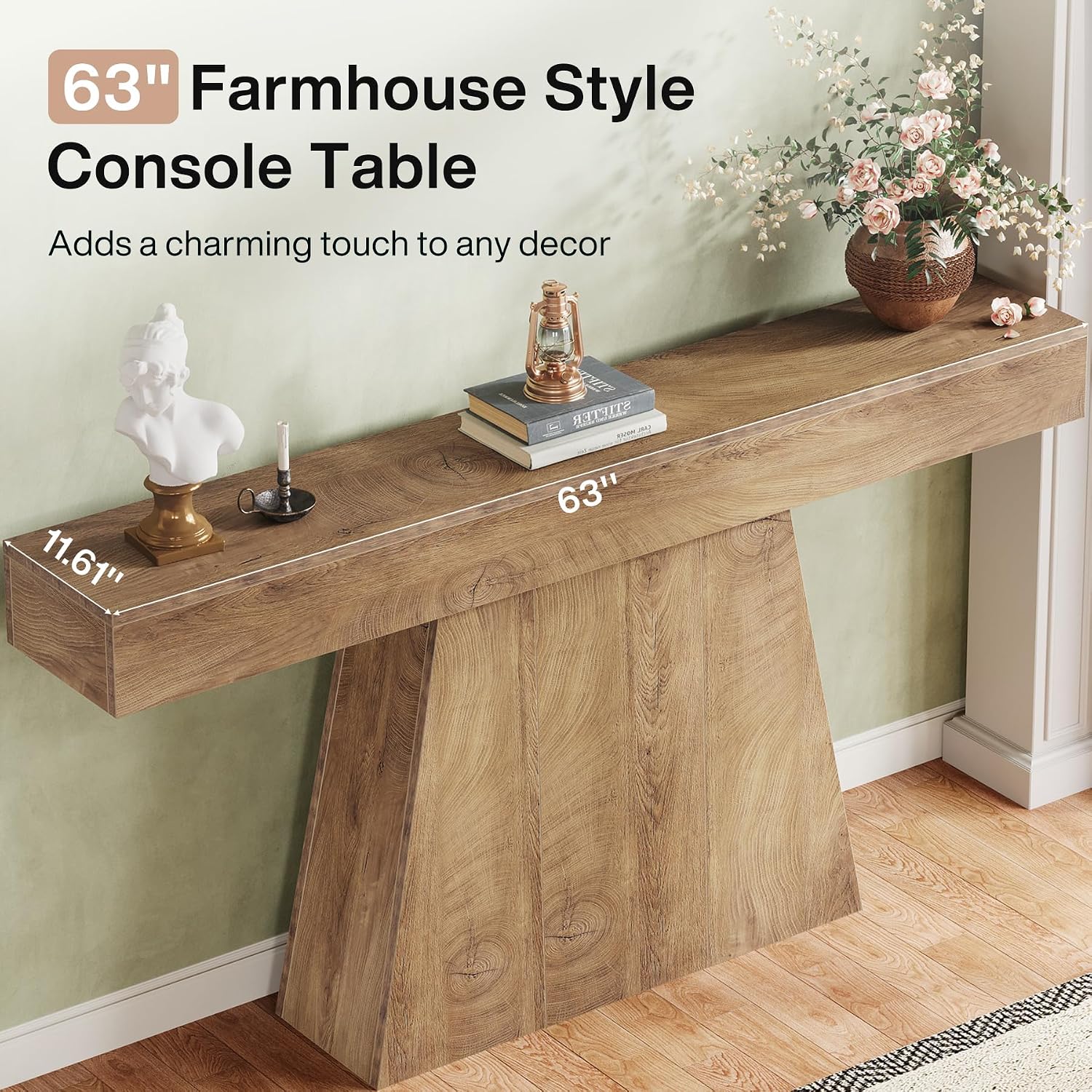 Tribesigns 63' Console Table, Farmhouse Entryway Table with Trapezoidal Base, Narrow Long Wood Sofa Table Behind Couch Table for Entrance, Hallway, Living Room, Natural