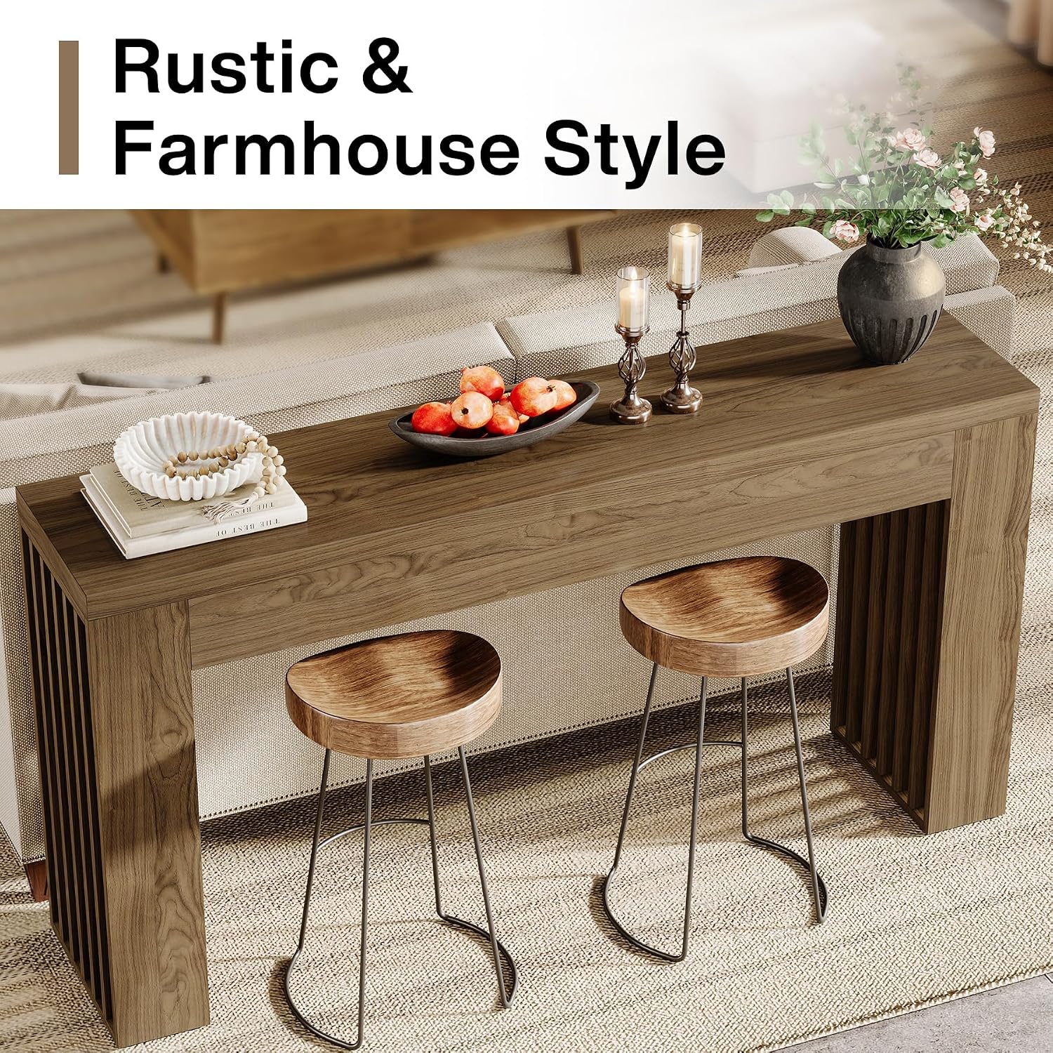 Tribesigns 59-Inch Long Wooden Console Sofa Table Behind The Couch with Vertical Slat Legs for Entrance, Hallway, Entryway, Living Room (Rustic Brown)