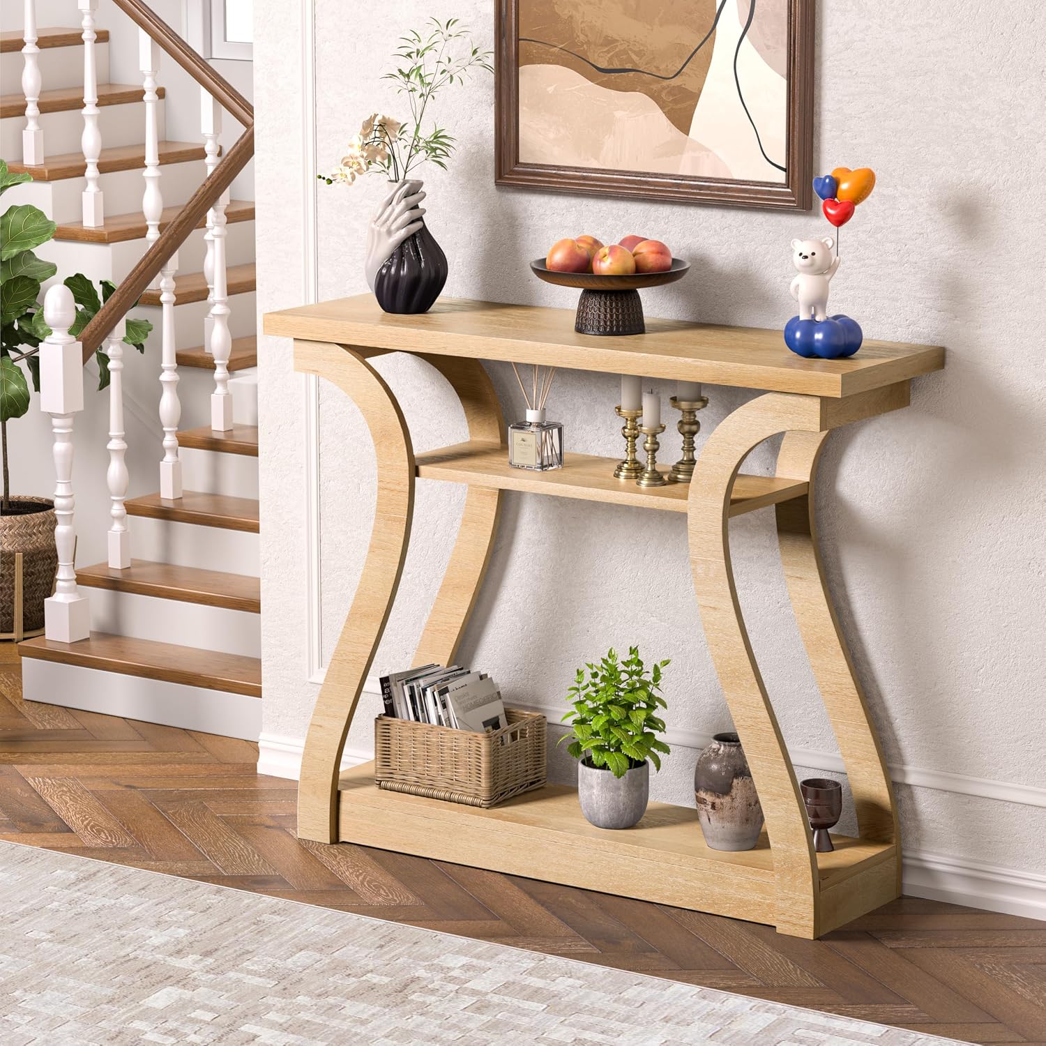Wooden Console Table with Curved Legs and Shelf, 3-Tier Modern Accent Narrow Sofa Table for Entrance Area, Living Room, Hallway, 47 in Wide Wood Console Table for Entryway (Nature)