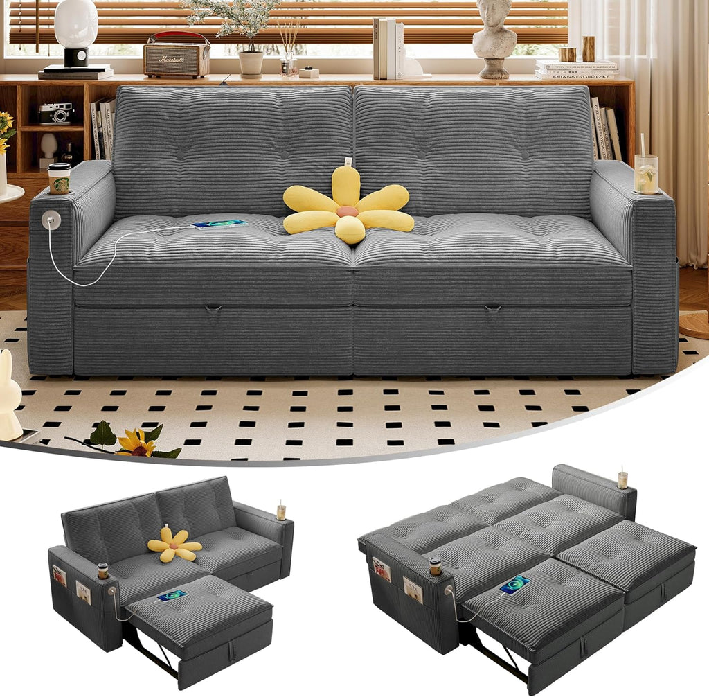 73' Queen Size Sofa Bed, Loveseat Sleeper Sofa with Pull Out Bed, Pockets and USB, Modern 2 Seater Convertible Small Couch for Living Room Bedroom Apartment (Gray, Corduroy)