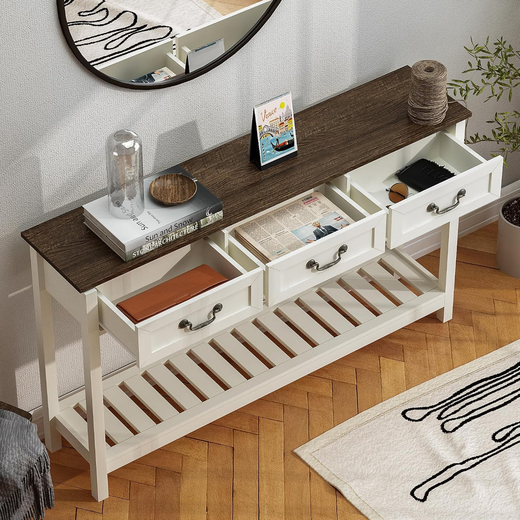 ChooChoo Farmhouse Console Table with 3 Drawers, Rustic Entryway Table, Narrow Long Sofa Table for Living Room, Hallway, Behind Couch, Soft White and Brown