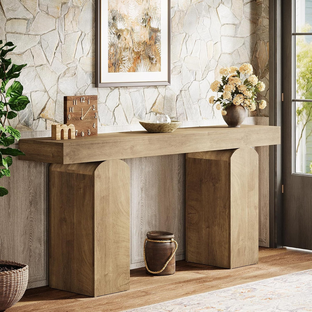 Tribesigns 63' Long Entryway Table, Farmhouse Console Table with 2 Arched Pedestal Legs, Wooden Sofa Console Behind The Couch for Entrance, Hallway, Living Room (Natural)