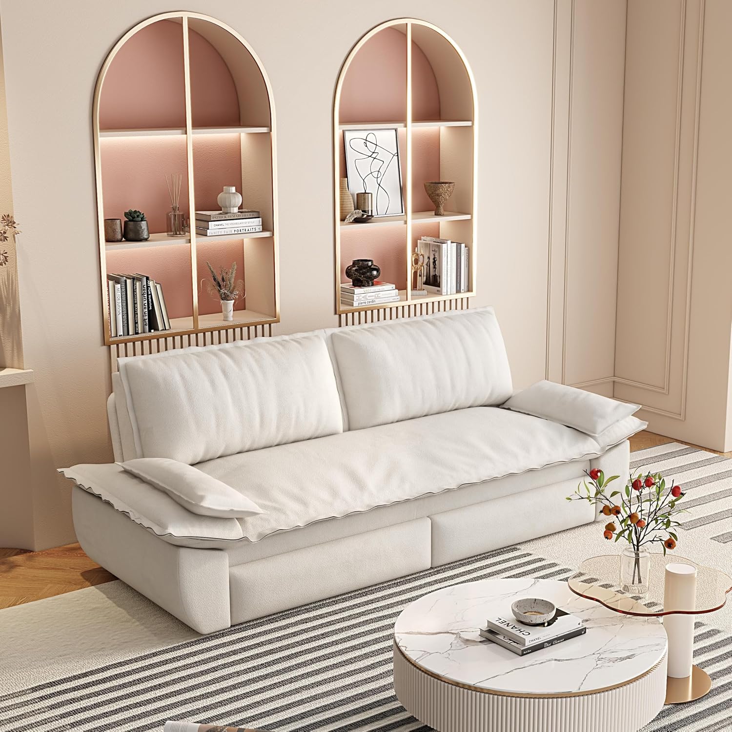 Velvet 73.2'' Queen Size Sleeper Sofa Bed, Loveseat 3-in-1 Convertible Sofabed, Love Seat Pullout Couch, Space Saving for Living Room, Apartment - Beige-White