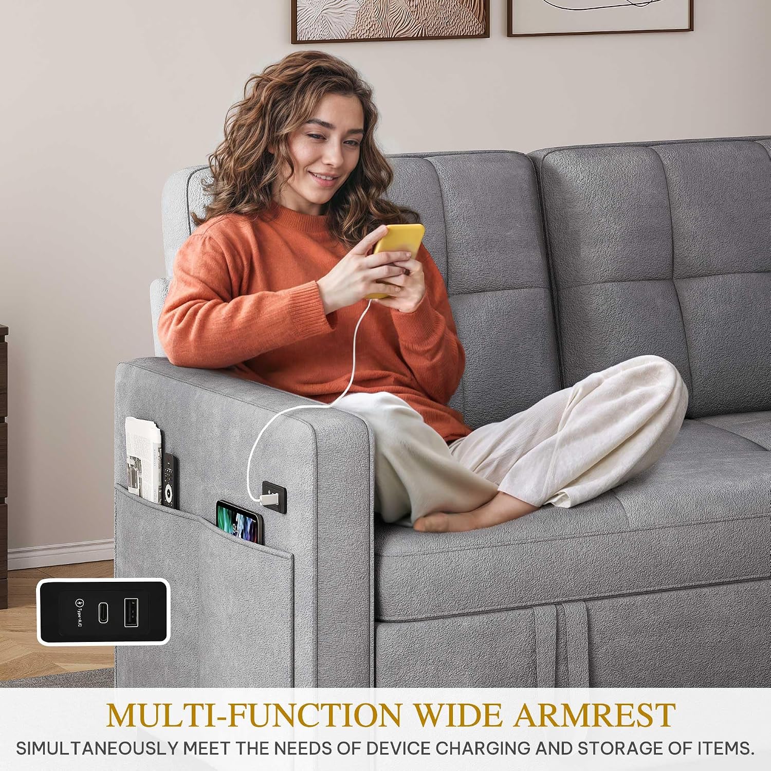 DWVO 55' Convertible Sofa Bed, 3-in-1 Sleeper Sofa with Pull-Out Bed, Velvet Futon Couch with Adjustable Backrest and USB, Modern Loveseat for Living Room Apartment, Light Grey
