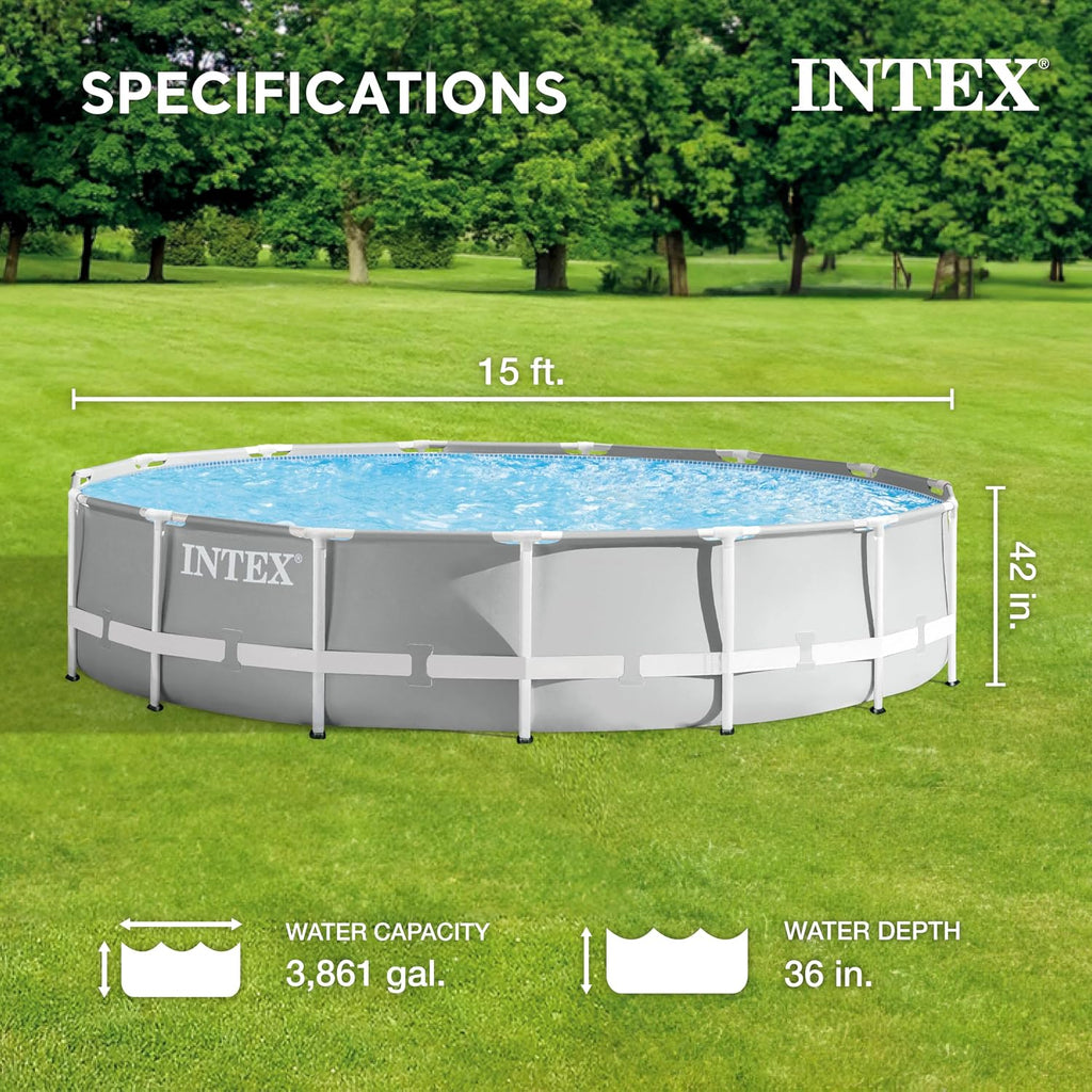 Intex 26723EH 15 Feet by 42 Inches Prism Frame Above Ground Swimming Pool Set with Debris Cover, Ladder, and 120 Volt 1000 GPH Cartridge Filter Pump