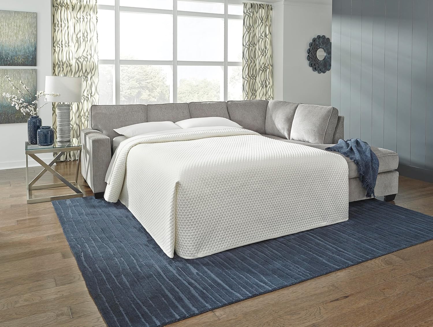 Signature Design by Ashley Altari Urban Right-Arm Facing 2-Piece Sleeper Sectional with Chaise, Loose Seat Cushions, 2 Throw Pillows and Bi-Fold Memory Foam Mattress, Full, Light Gray