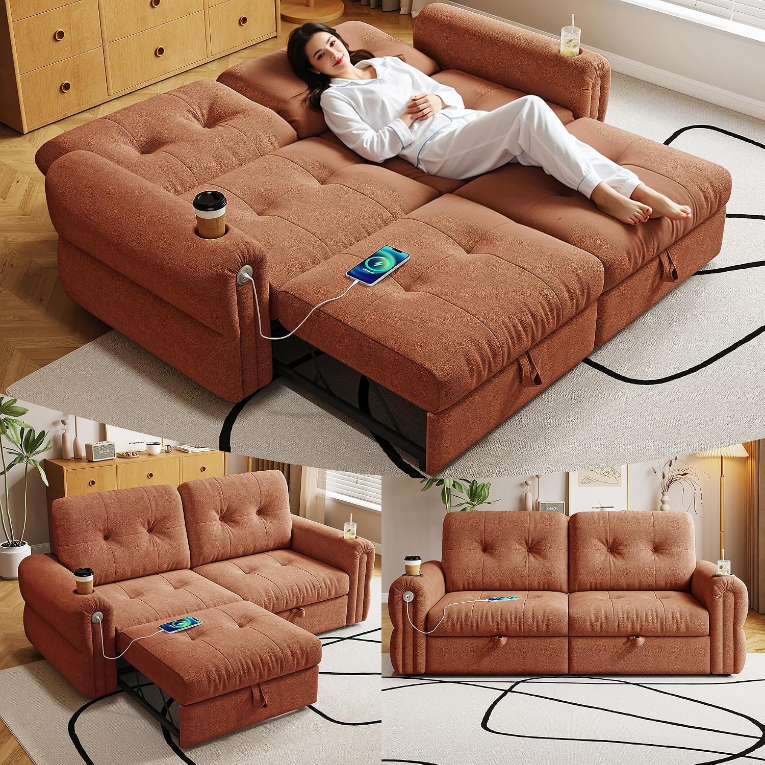 77' Queen Size Sofa Bed, Loveseat Sleeper Sofa with Pull Out Bed and USB, 2 Seater Convertible Small Couch for Living Room Bedroom Apartment (Orange, Chenille)