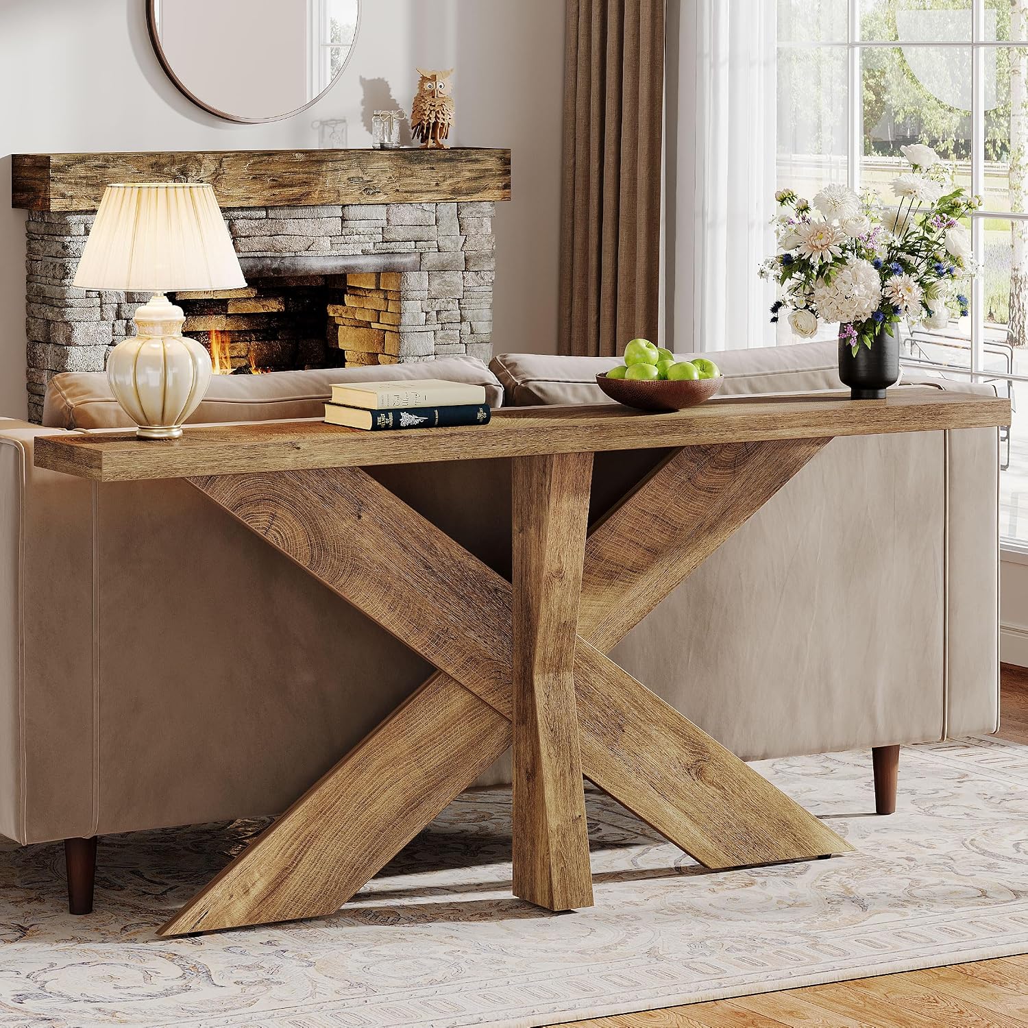 Tribesigns 70.9 Inches Long Sofa Table Behind Couch, Farmhouse Console Entry Table with Wooden Geometric Base for Entryway, Living Room, Oak Brown
