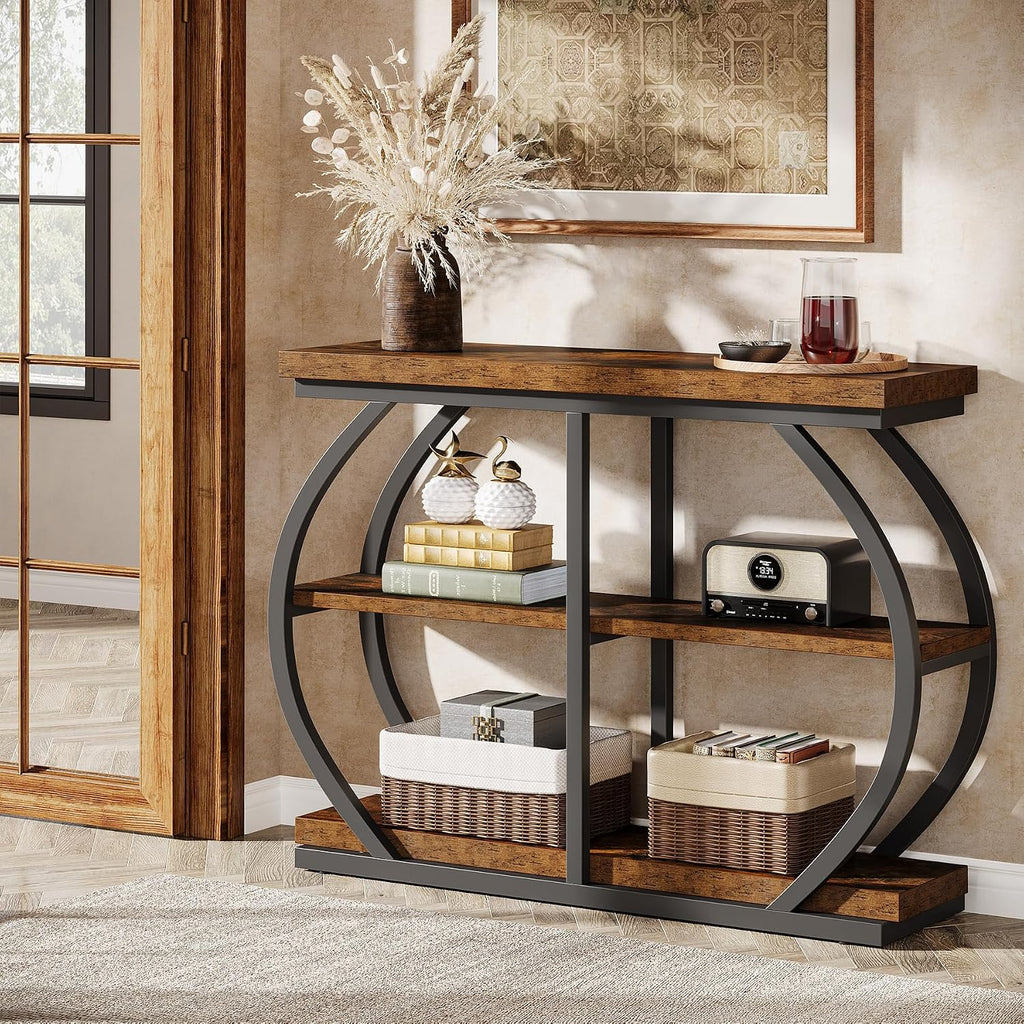 Tribesigns 41.3' Console Table, Industrial 3-Tier Entryway Table with Arched Metal Frame and Storage Shelves for Living Room, Hallway, Rustic Brown