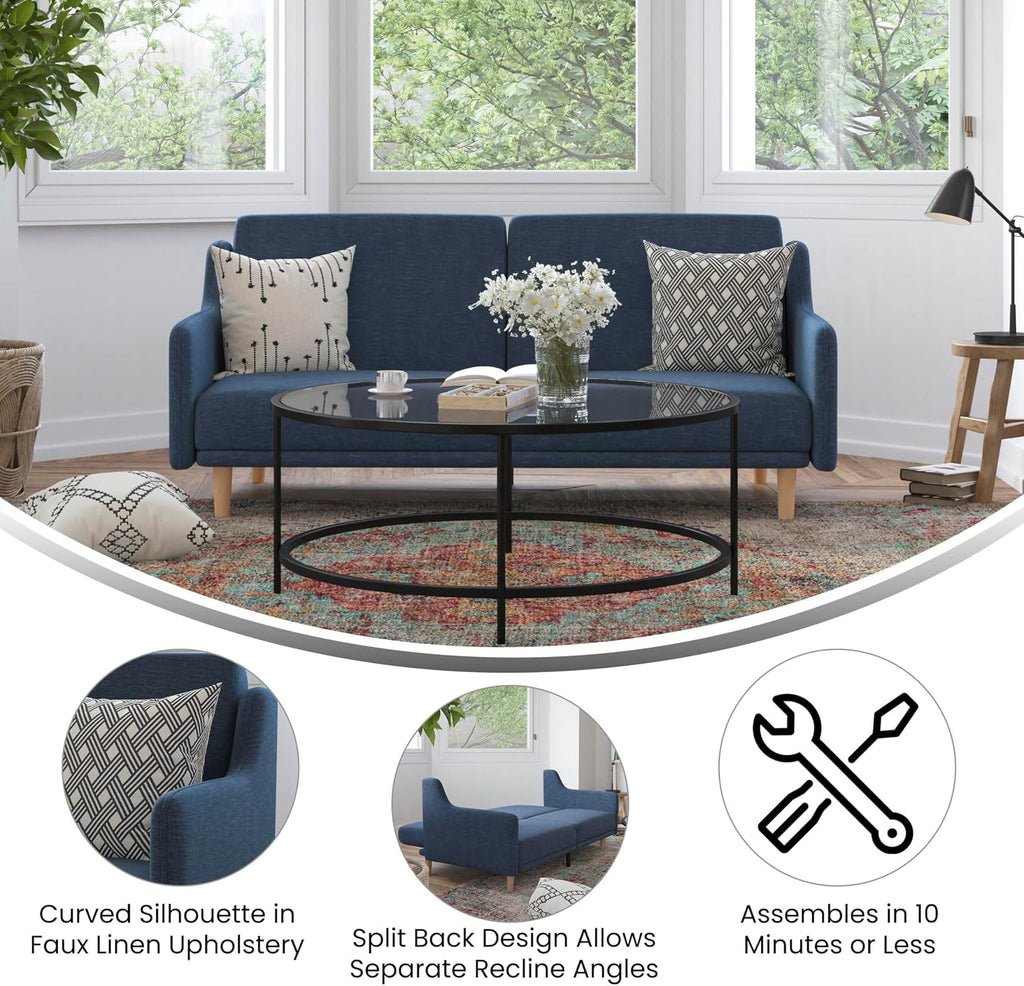 Flash Furniture Delphine Convertible Split Back Sofa Futon - Navy Faux Linen Upholstery - Solid Wood Legs - Curved Armrests - Sleeper Couch for Small Spaces