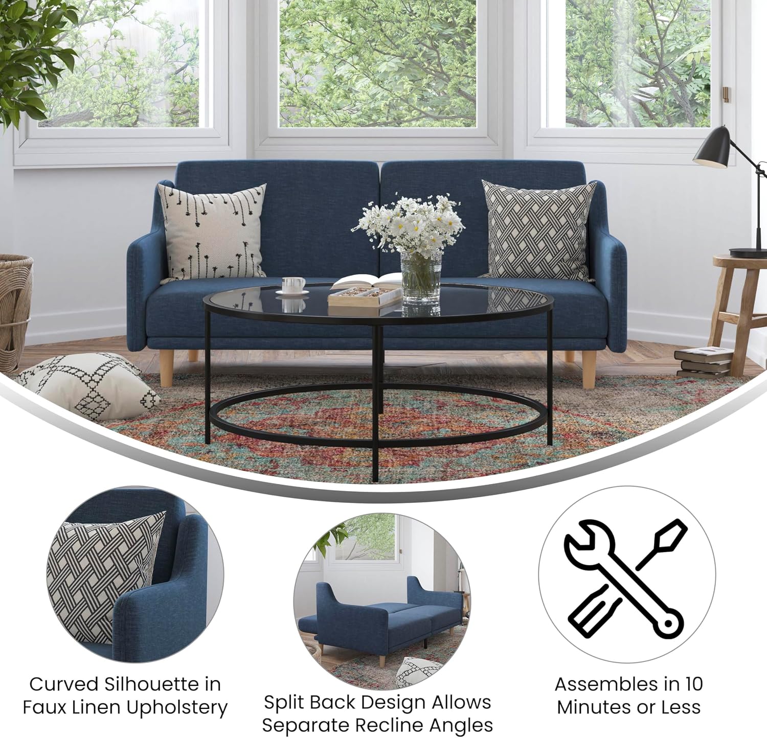 Flash Furniture Delphine Convertible Split Back Sofa Futon - Navy Faux Linen Upholstery - Solid Wood Legs - Curved Armrests - Sleeper Couch for Small Spaces