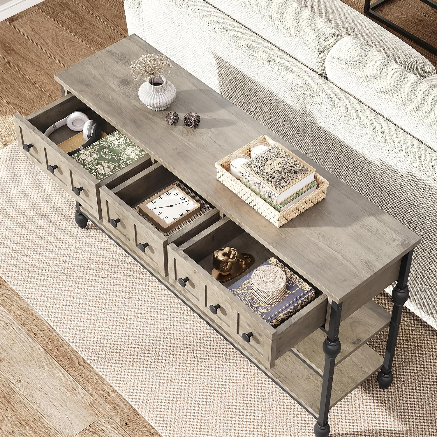 GarveeHome 52' Console Table, Entryway Table with 3 Storage Drawers, 3 Tier Industrial Metal Sofa Table, Behind Couch Table, Hallway Table for Entry, Living Room (Grey)