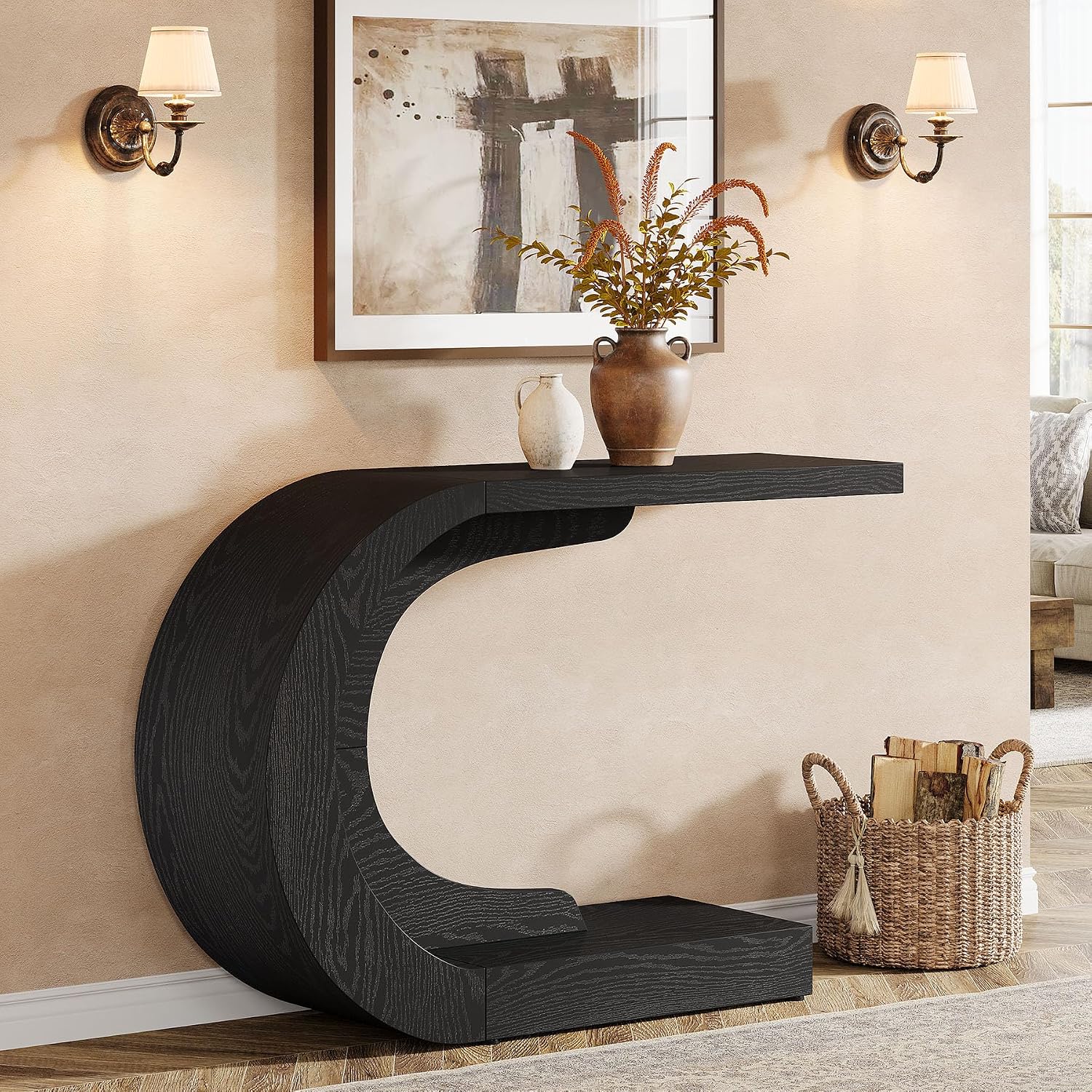 Tribesigns 43.3' Farmhouse Console Table for Entryway, Unique C-Shaped Rustic Sofa Table Behind Couch with Storage for Living Room, Hallway, Entry, Entrance, Foyer, Easy Assembly, Black