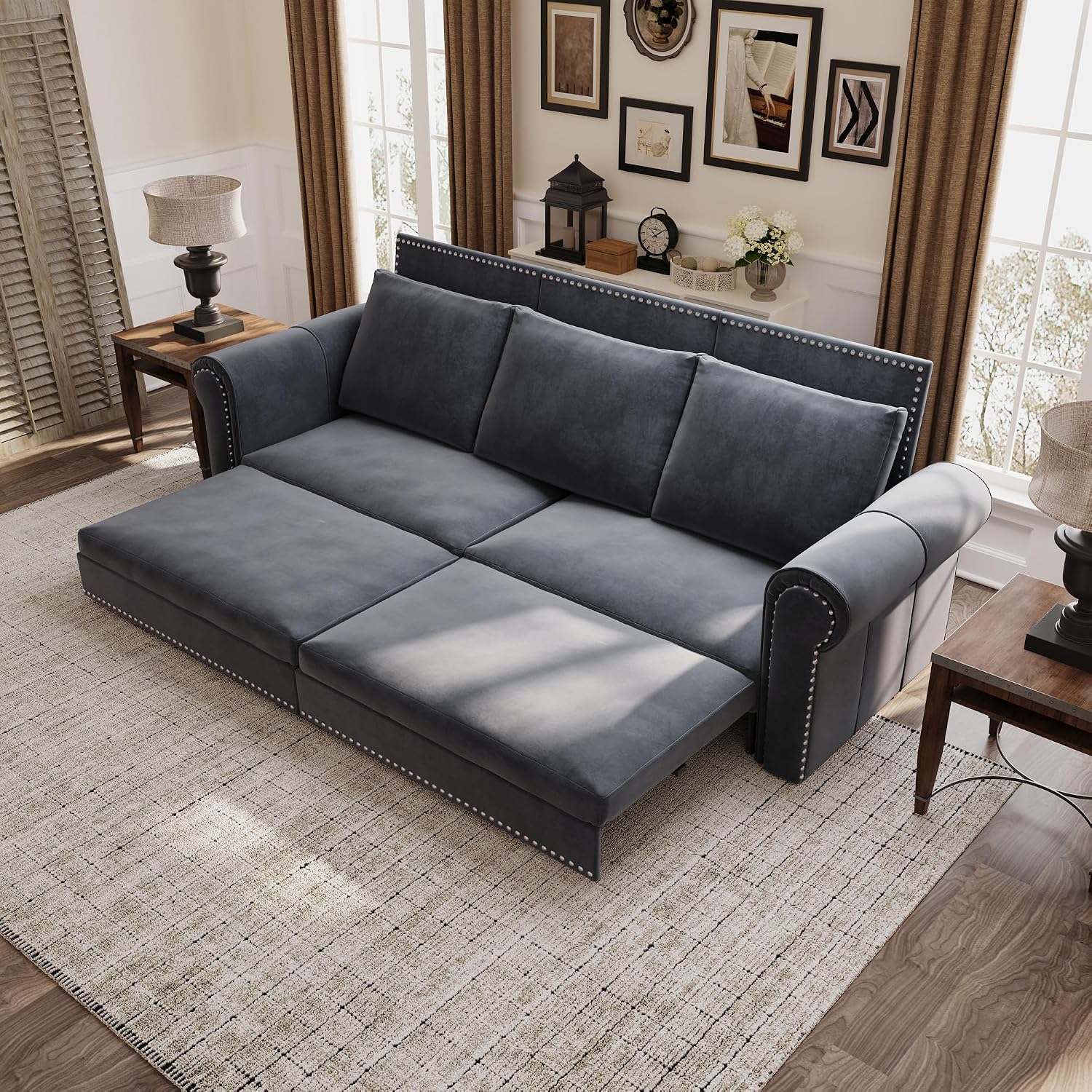 93.7' King Pull Out Sofa Bed, 3 in 1 Convertible Sleeper Sofa Couch 3-Seater, Velvet Folding Loveseat Sleeper Sofa with Deep Seat, Nailhead Trim & Rolled Arm for Living Room (Light Grey)