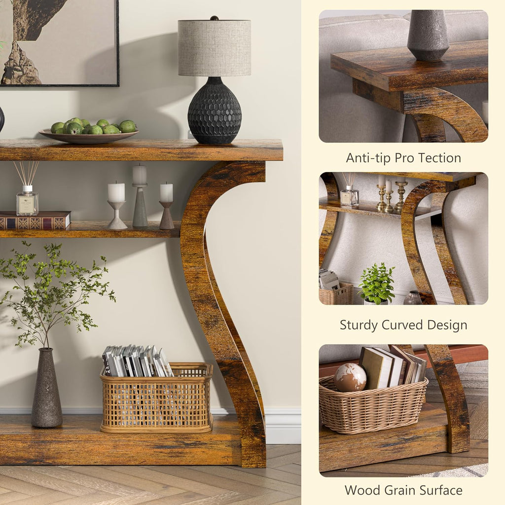 Wooden Console Table with Curved Legs and Shelf, 3-Tier Modern Accent Narrow Sofa Table for Entrance Area, Living Room, Hallway, 47 in Wide Wood Console Table for Entryway (Retro)