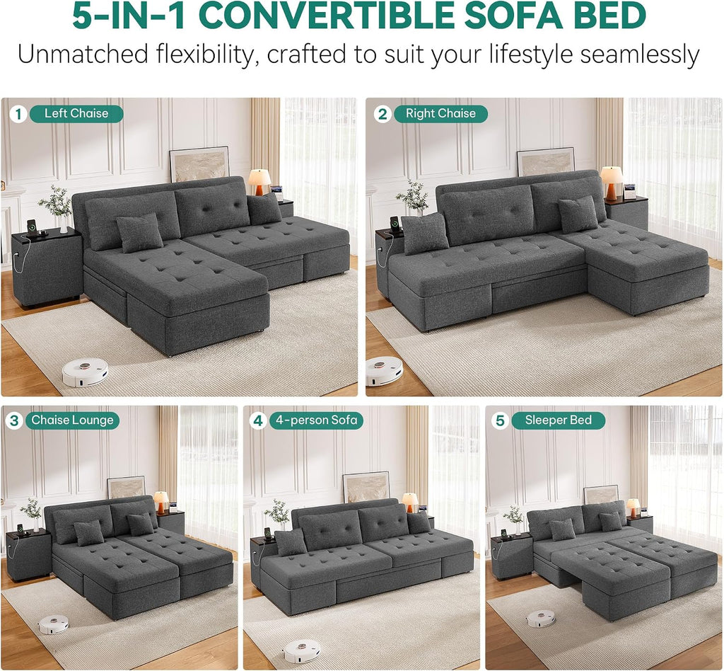 DWVO Queen Size Sofa Bed, 5-in-1 Multi-functional Convertible Sleeper Sofa with 2 Storage Cabinet Nightstand & USB Ports, 100' Sectional Sofa Couch with 2 Comfy Pillows for Living Room Apartment, Grey