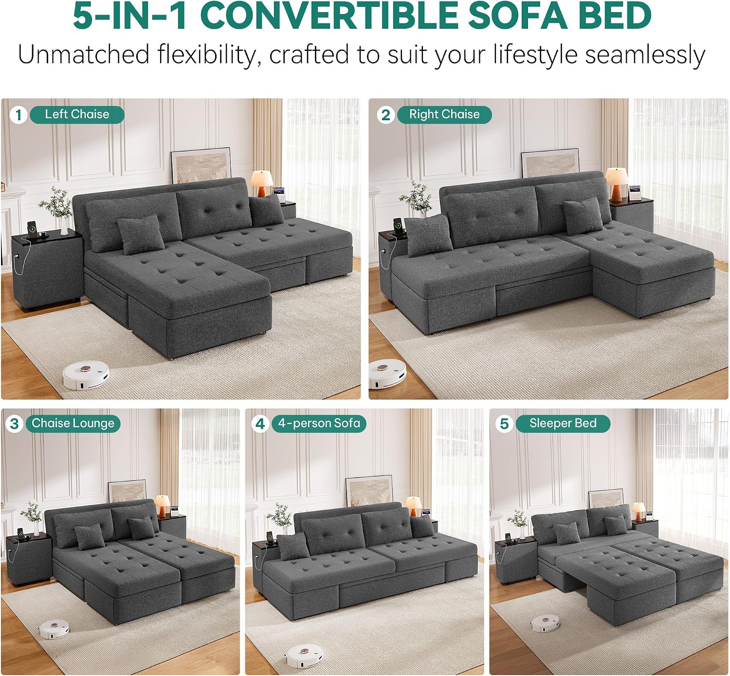 DWVO Queen Size Sofa Bed, 5-in-1 Multi-functional Convertible Sleeper Sofa with 2 Storage Cabinet Nightstand & USB Ports, 100' Sectional Sofa Couch with 2 Comfy Pillows for Living Room Apartment, Grey