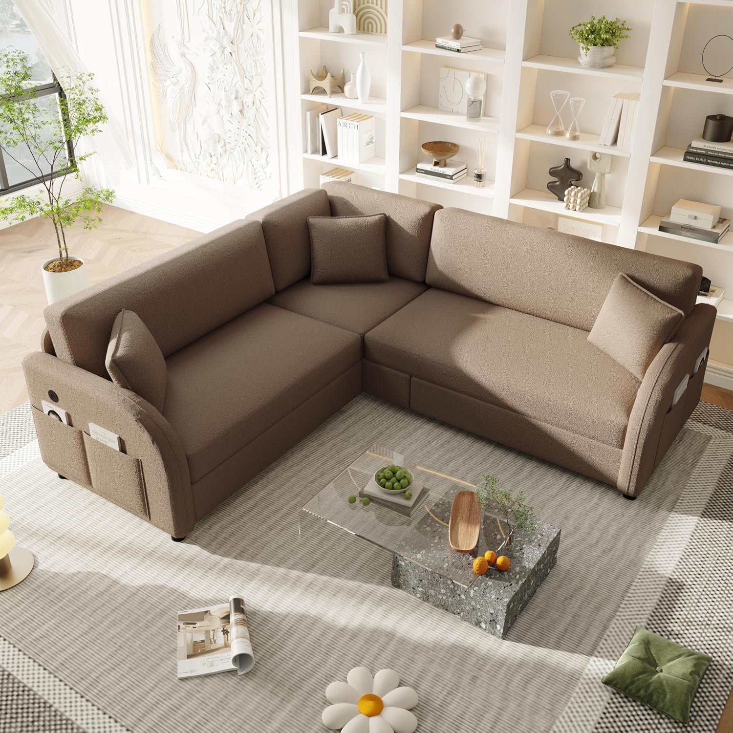 Queen Size Sleeper Sofas Convertible Couches, L Shaped Sectional Couch with Pull Out Bed, Upholstered 5-Seat Modular Sectional Sofa with Convert Left/Right Facing and USB Port for Living Room