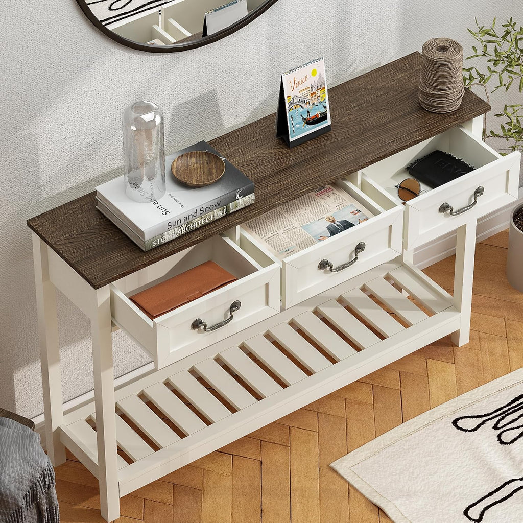 ChooChoo 47' Farmhouse Console Table with 3 Drawers, Rustic Entryway Table, Narrow Long Sofa Table for Living Room, Hallway, Behind Couch, Soft White and Brown