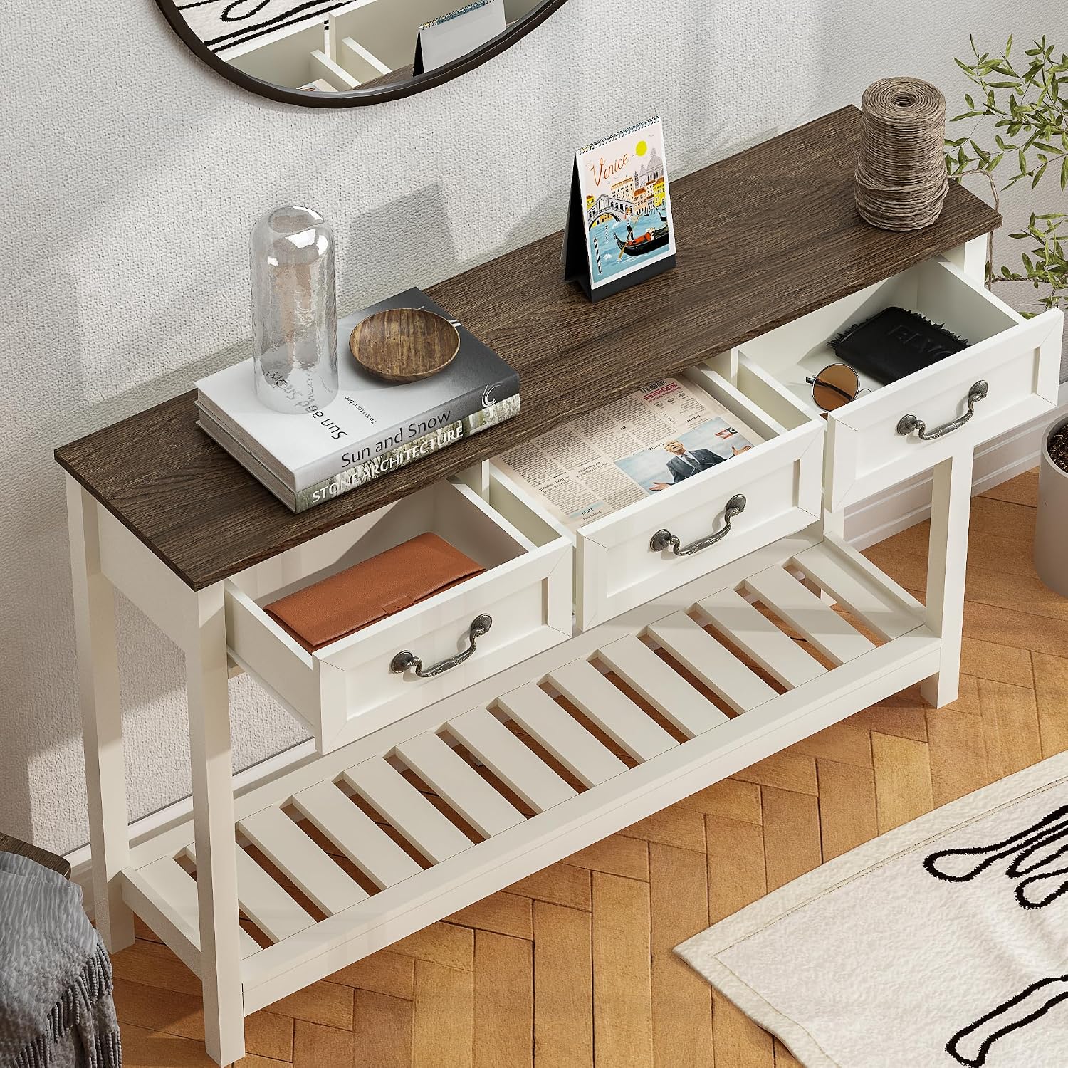 ChooChoo 47' Farmhouse Console Table with 3 Drawers, Rustic Entryway Table, Narrow Long Sofa Table for Living Room, Hallway, Behind Couch, Soft White and Brown