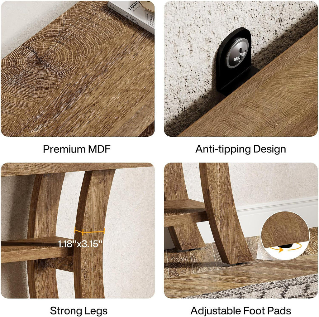 Tribesigns 41' Small Console Table for Entryway, 3-Tier Narrow Rustic Sofa Table with Storage Shelves and Curved Frame for Living Room, Entry, Hallway, Foyer (Oak Brown)