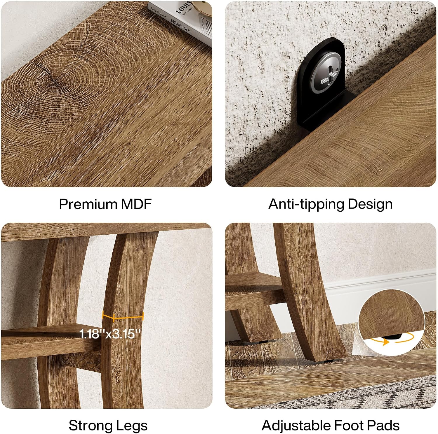 Tribesigns 41' Small Console Table for Entryway, 3-Tier Narrow Rustic Sofa Table with Storage Shelves and Curved Frame for Living Room, Entry, Hallway, Foyer (Oak Brown)