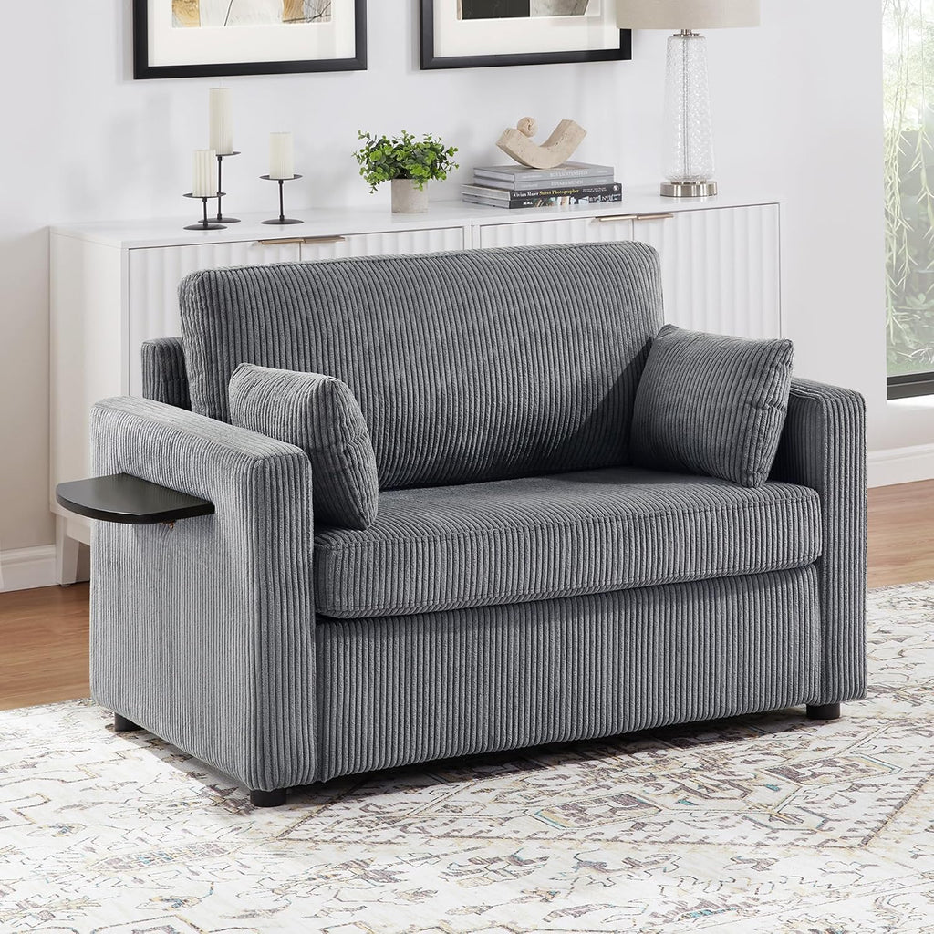 Twin Size Sofa Bed 47.2' Sleeper Sofa Loveseat Sofa with a Foldable Mattress, a Foldable Side Table, a Side Storage Pocket and Two USB Ports for Living Room, Gray