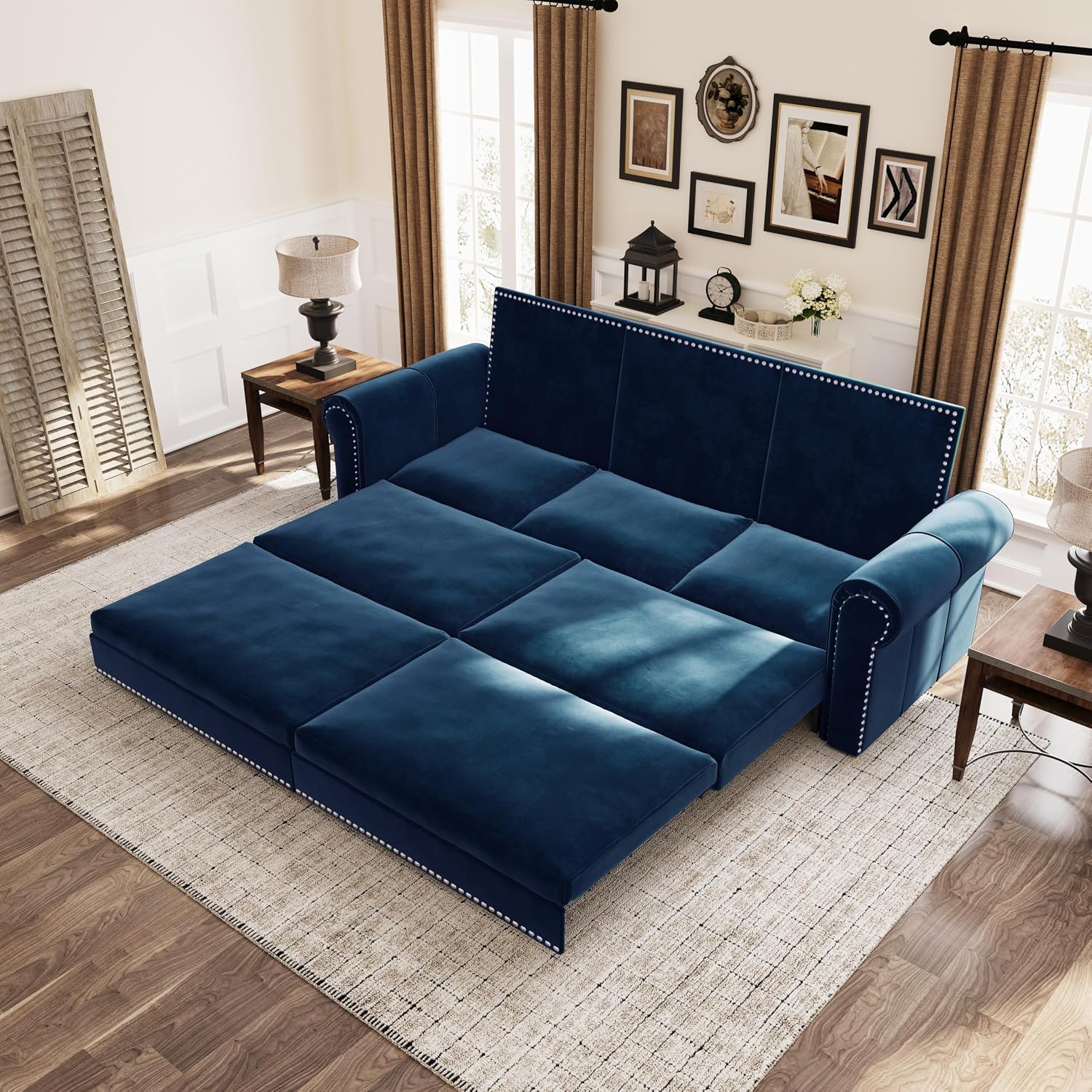 93.7' King Size Sofa Sleeper with Pull Out Bed, 3 in 1 Convertible Sleeper Sofa Bed, Velvet Folding Loveseat 3-Seater Couch with Deep Seat, Nailhead Trim & Rolled Arm for Living Room (Blue)