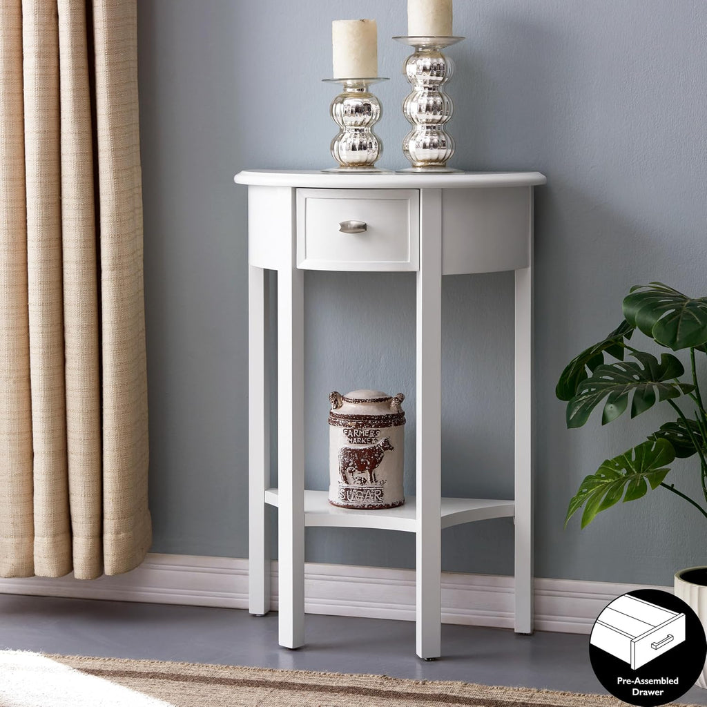 Leick Home 9030-WT Assembled One Drawer Demilune Hall Console with Shelf, Cottage White