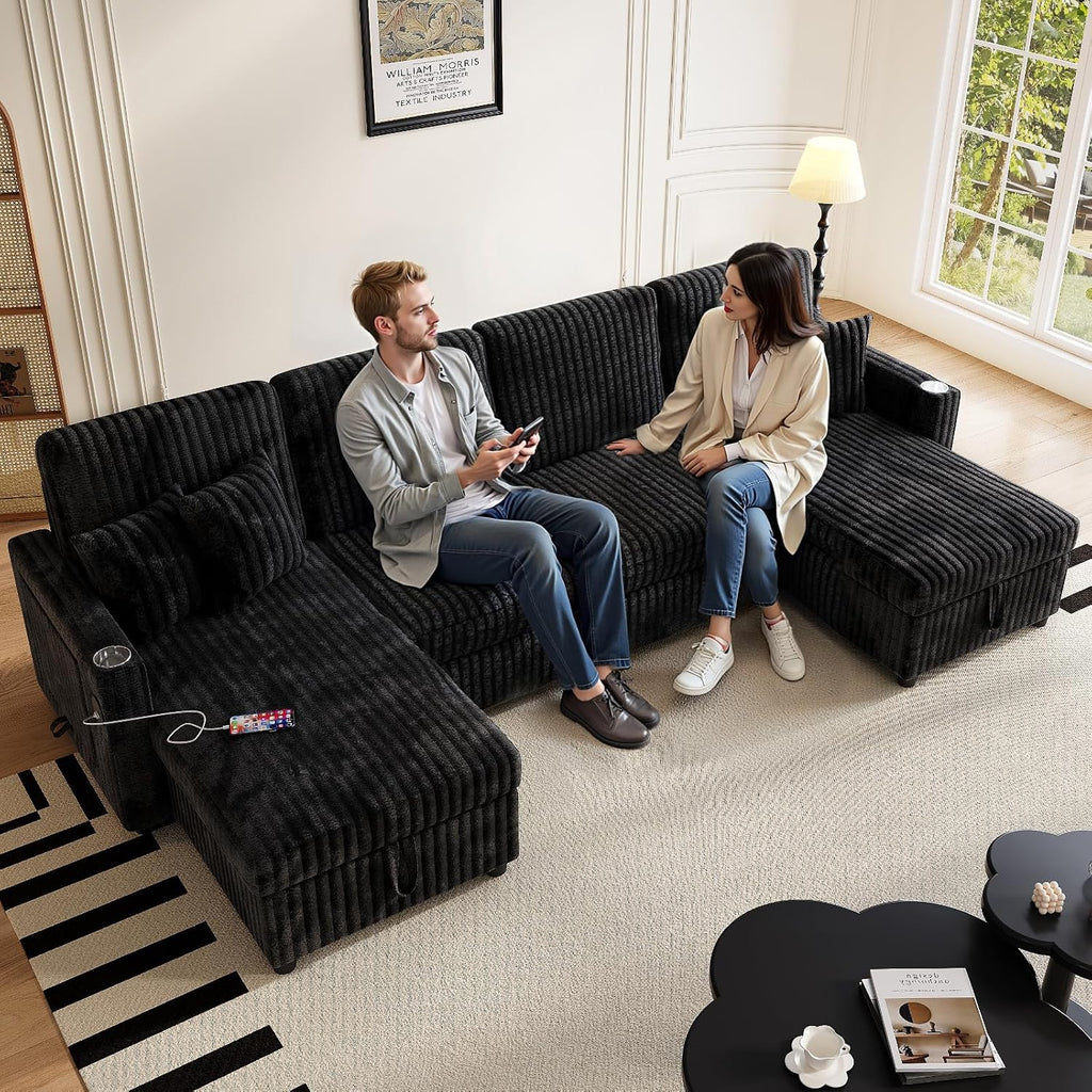 Sleeper Sectional Sofa, 110' Modern U Shaped Couch with Pull Out Bed, Convertible Corduroy Cloud Sofa with Double Storage Chaise, USB, Small Desktop, Comfy Modular Couch for Living Room, Black