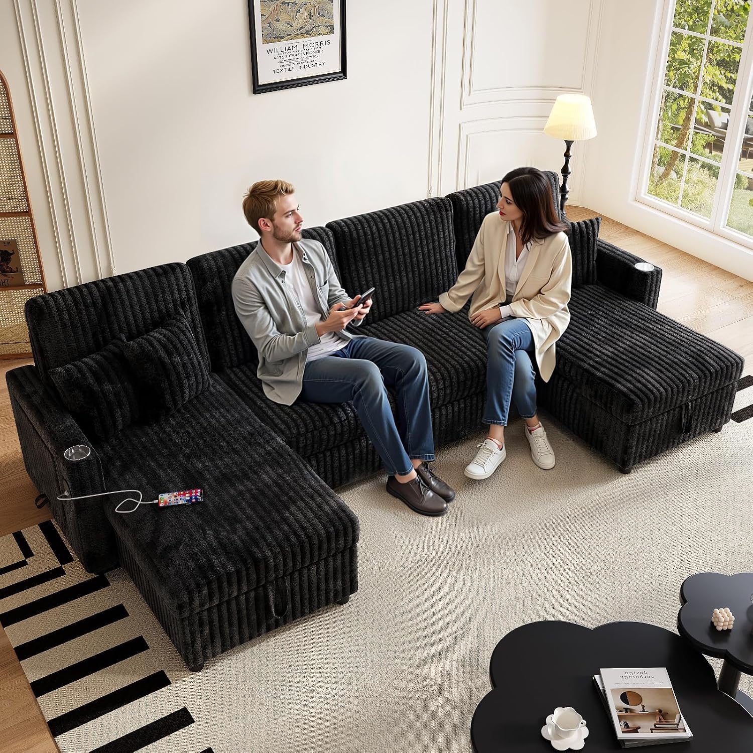 Sleeper Sectional Sofa, 110' Modern U Shaped Couch with Pull Out Bed, Convertible Corduroy Cloud Sofa with Double Storage Chaise, USB, Small Desktop, Comfy Modular Couch for Living Room, Black