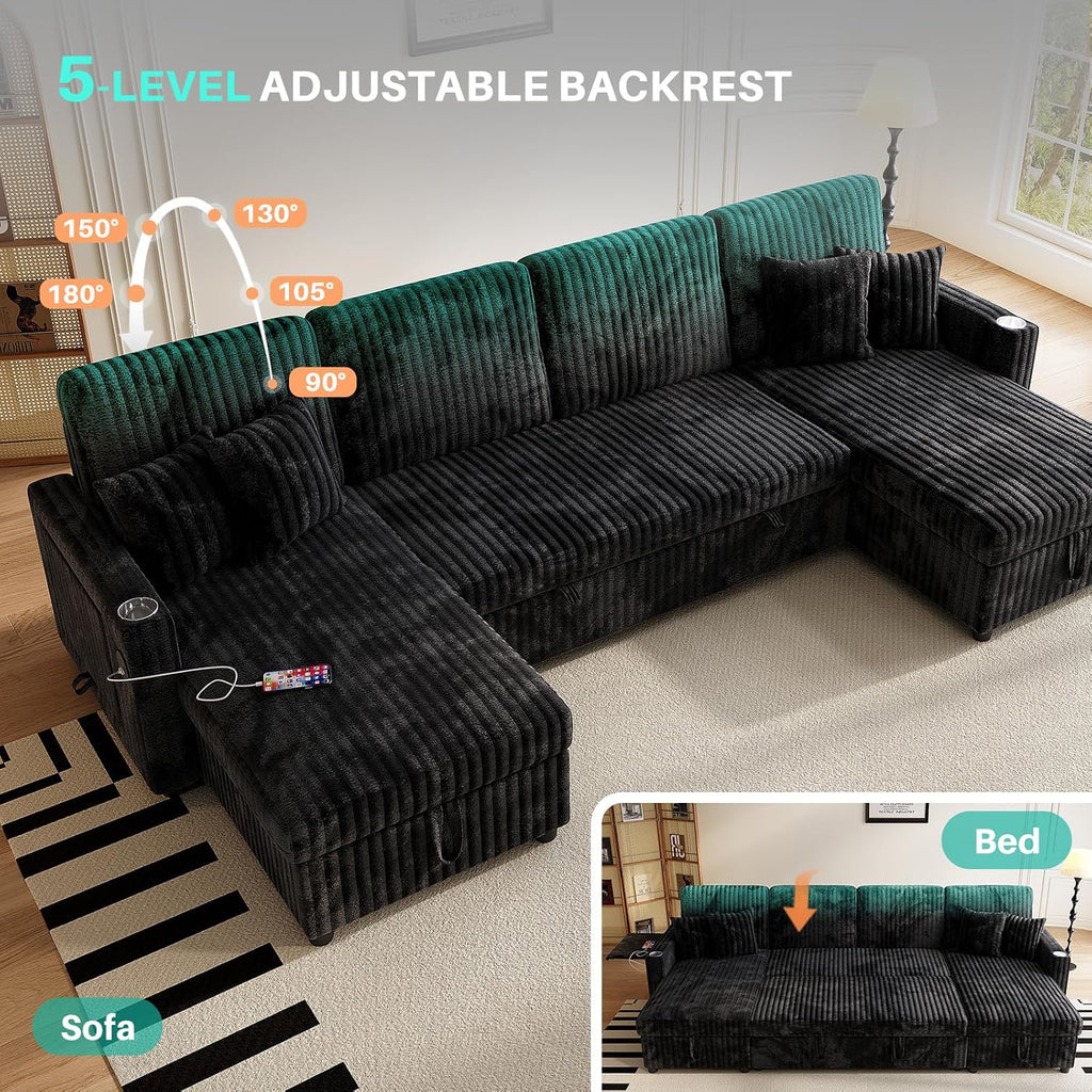 Sleeper Sectional Sofa, 110' Modern U Shaped Couch with Pull Out Bed, Convertible Corduroy Cloud Sofa with Double Storage Chaise, USB, Small Desktop, Comfy Modular Couch for Living Room, Black